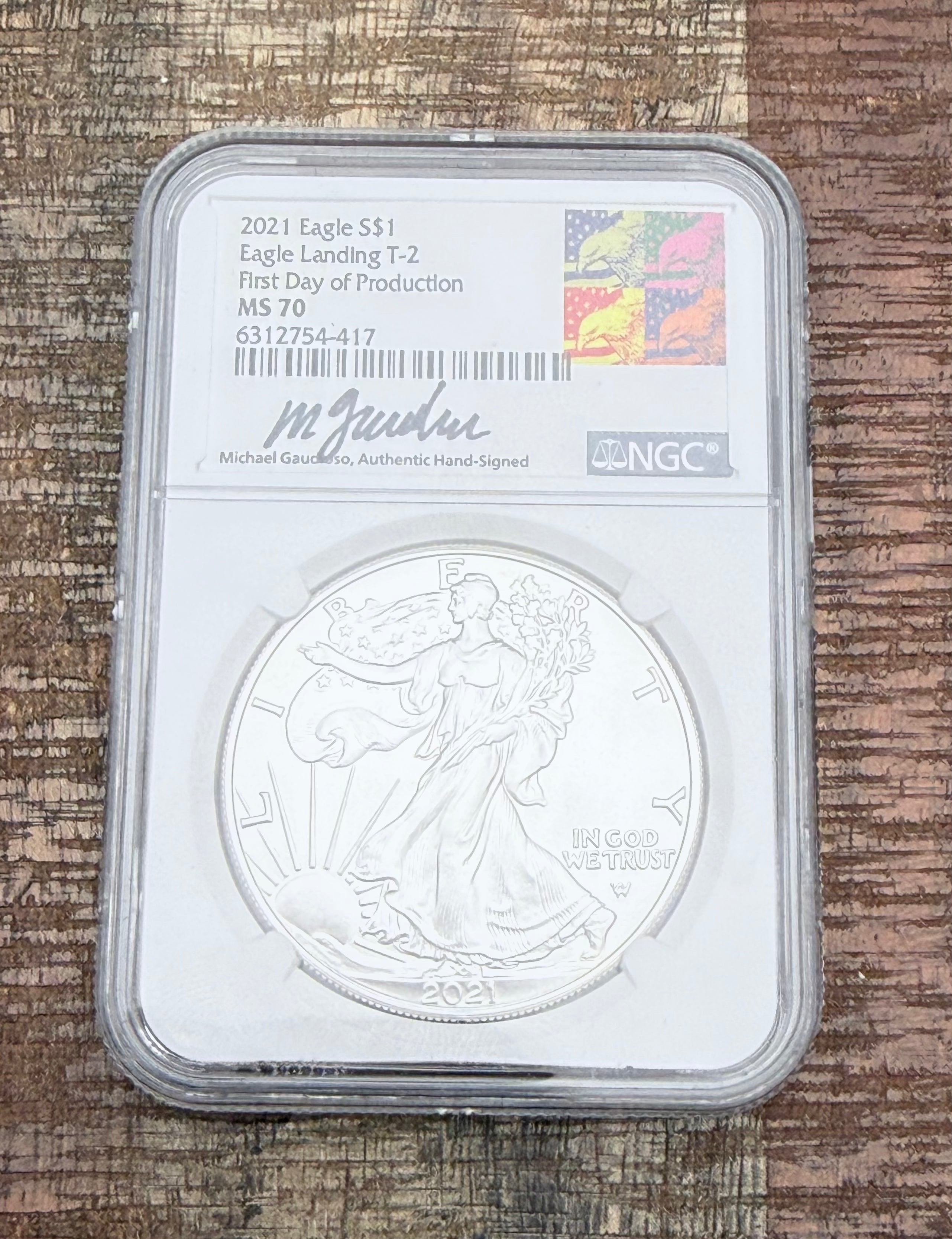 2021 $1 US American Silver Eagle ~ Eagle Landing T-2 ~ FDOP ~ NGC  MS70 ~ signed by Gaudieso