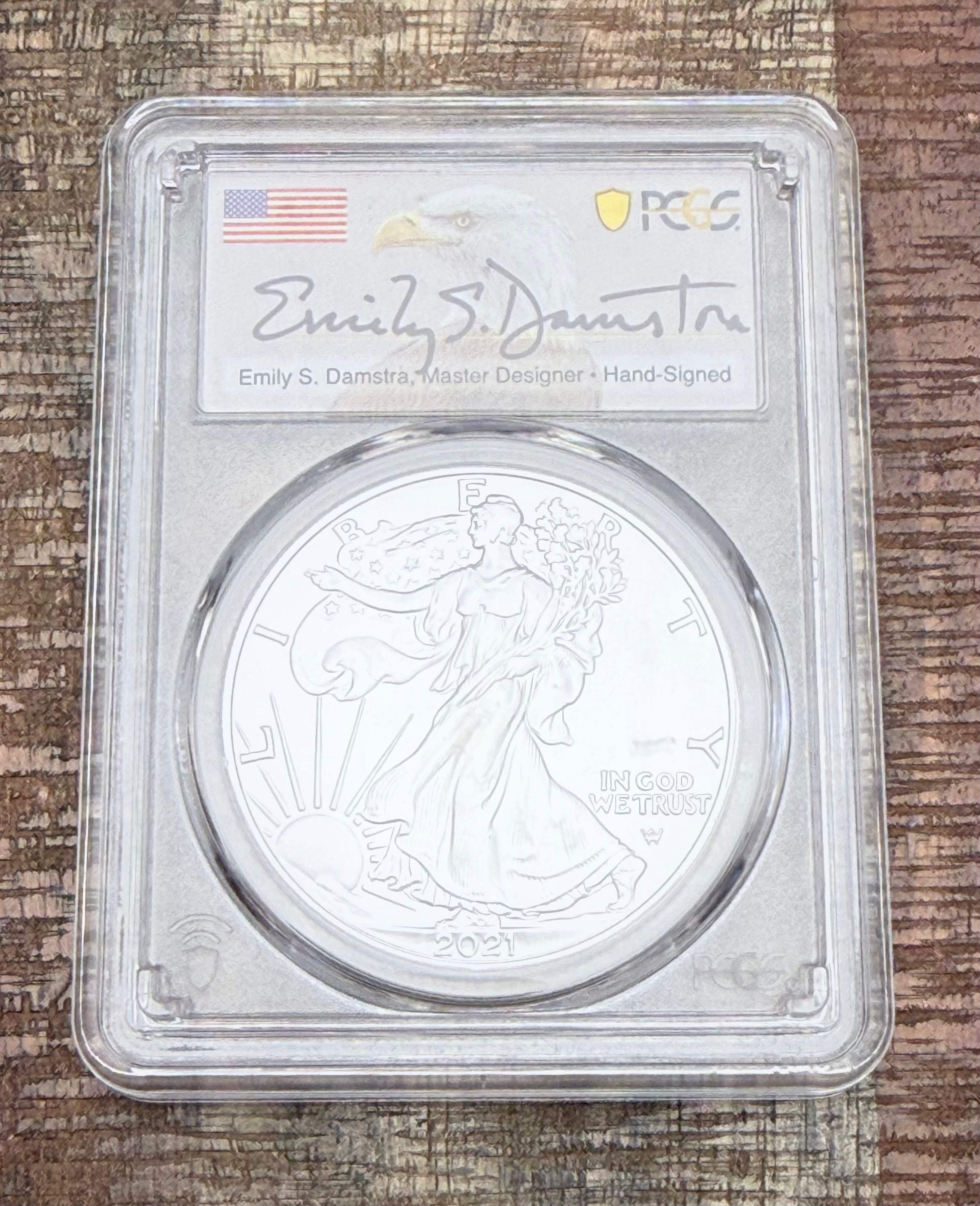 2021 $1 US American Silver Eagle, Eagle Landing T-2, FDOI, PCGS MS70, Damstra signed