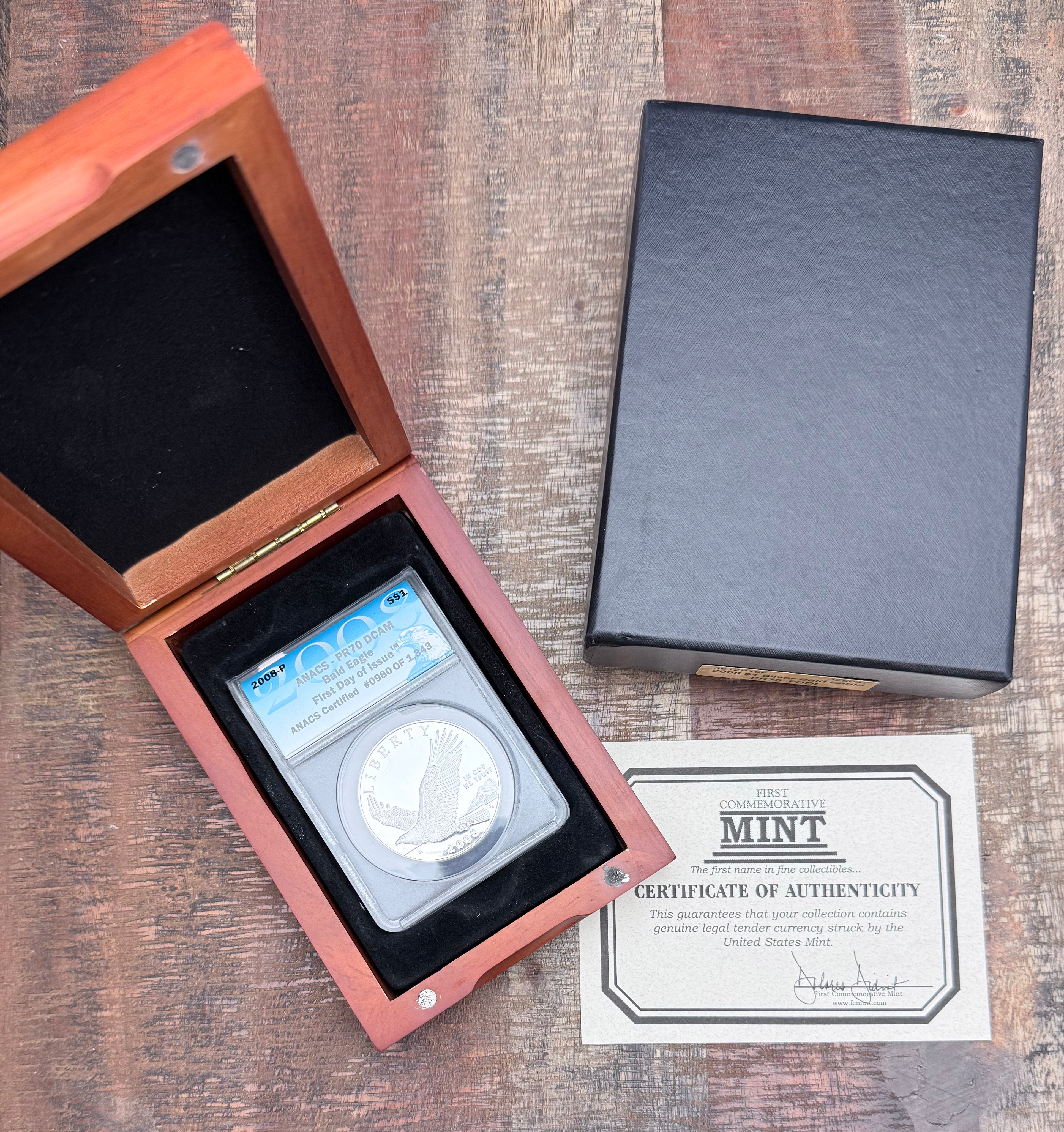 2008 $1 Silver Bald Eagle ~ FDOI ~ ANACS PR70 DCAM