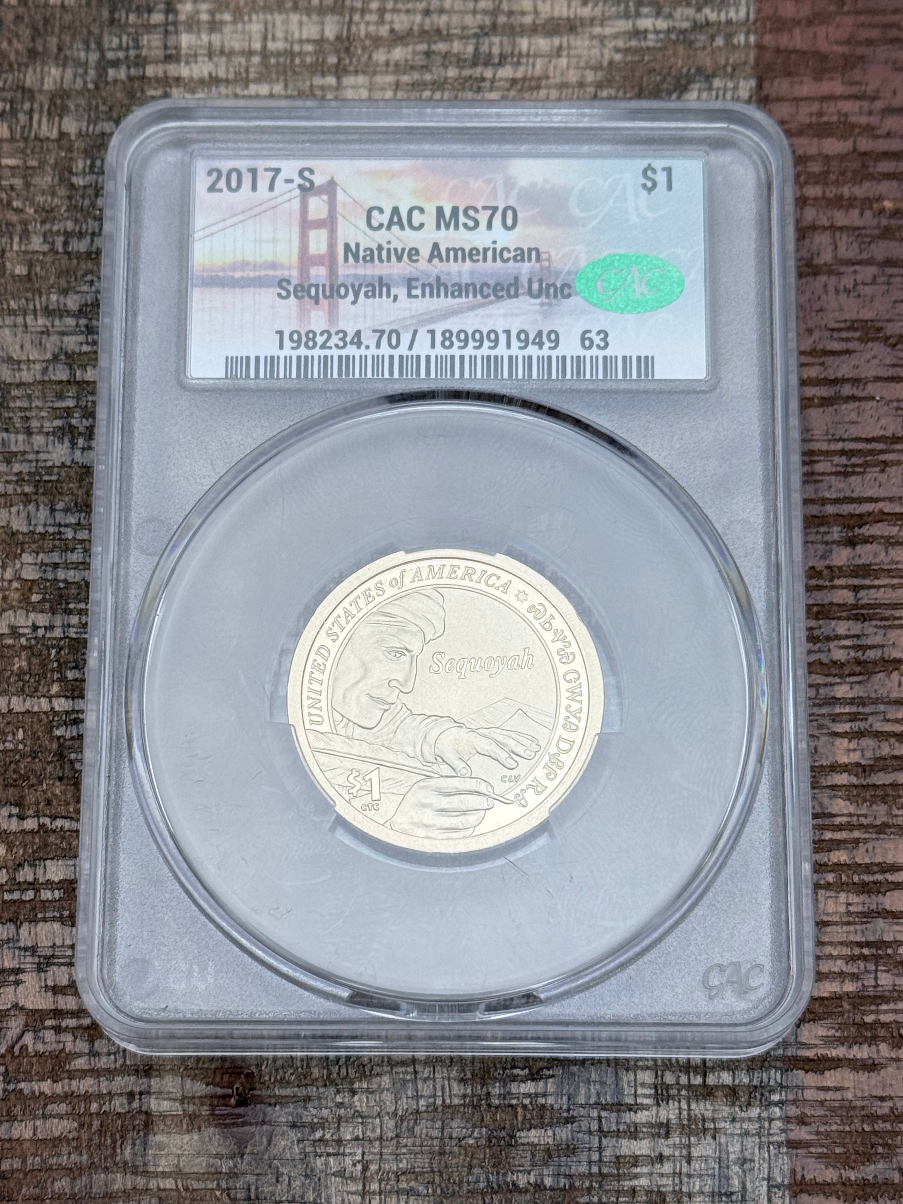 2017-S $1 Native American ~ Sequoyah, Enhanced Unc ~ CAC MS70