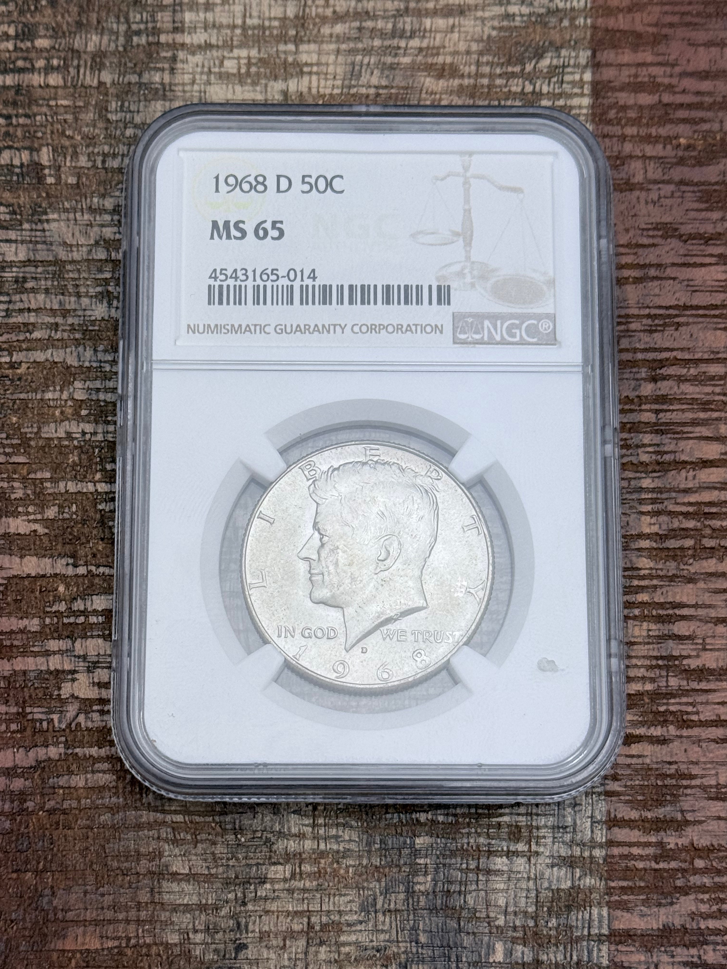 1968-D 50C Silver Kennedy Half Dollar~NGC MS65