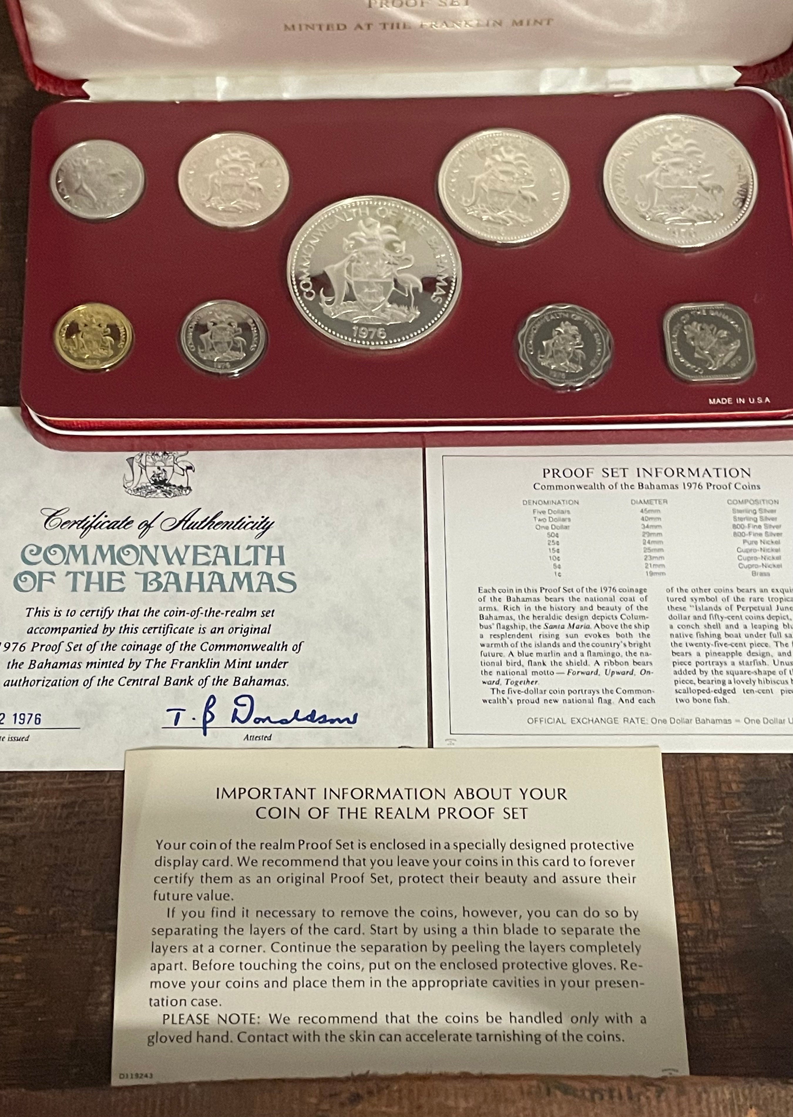 1976 Commonwealth of the Bahamas Proof Set Minted at the Franklin Mint in OGP with COA
