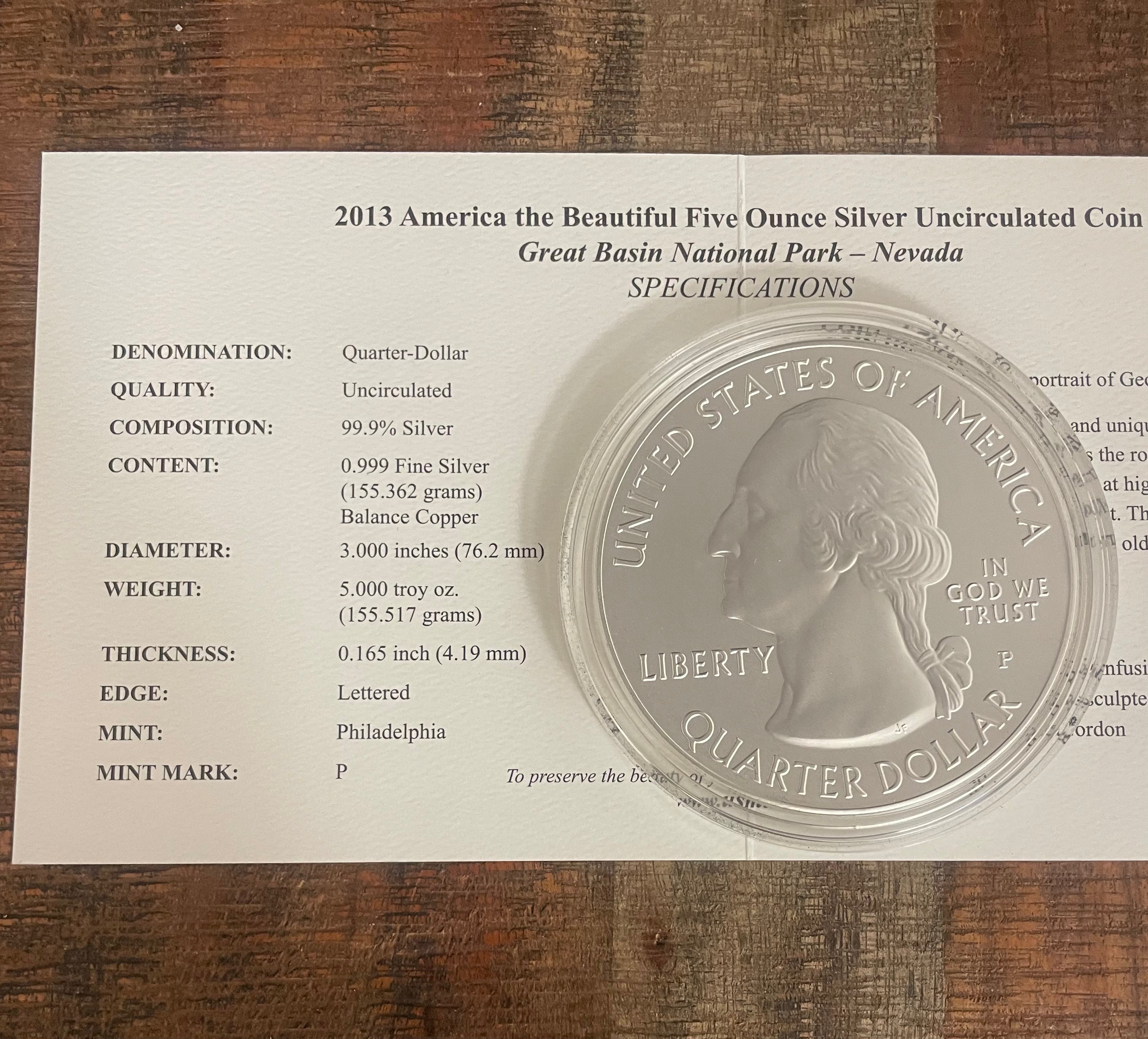 2013 25C America the Beautiful Great Basin National Park Nevada ~5oz Silver~ In Box with COA