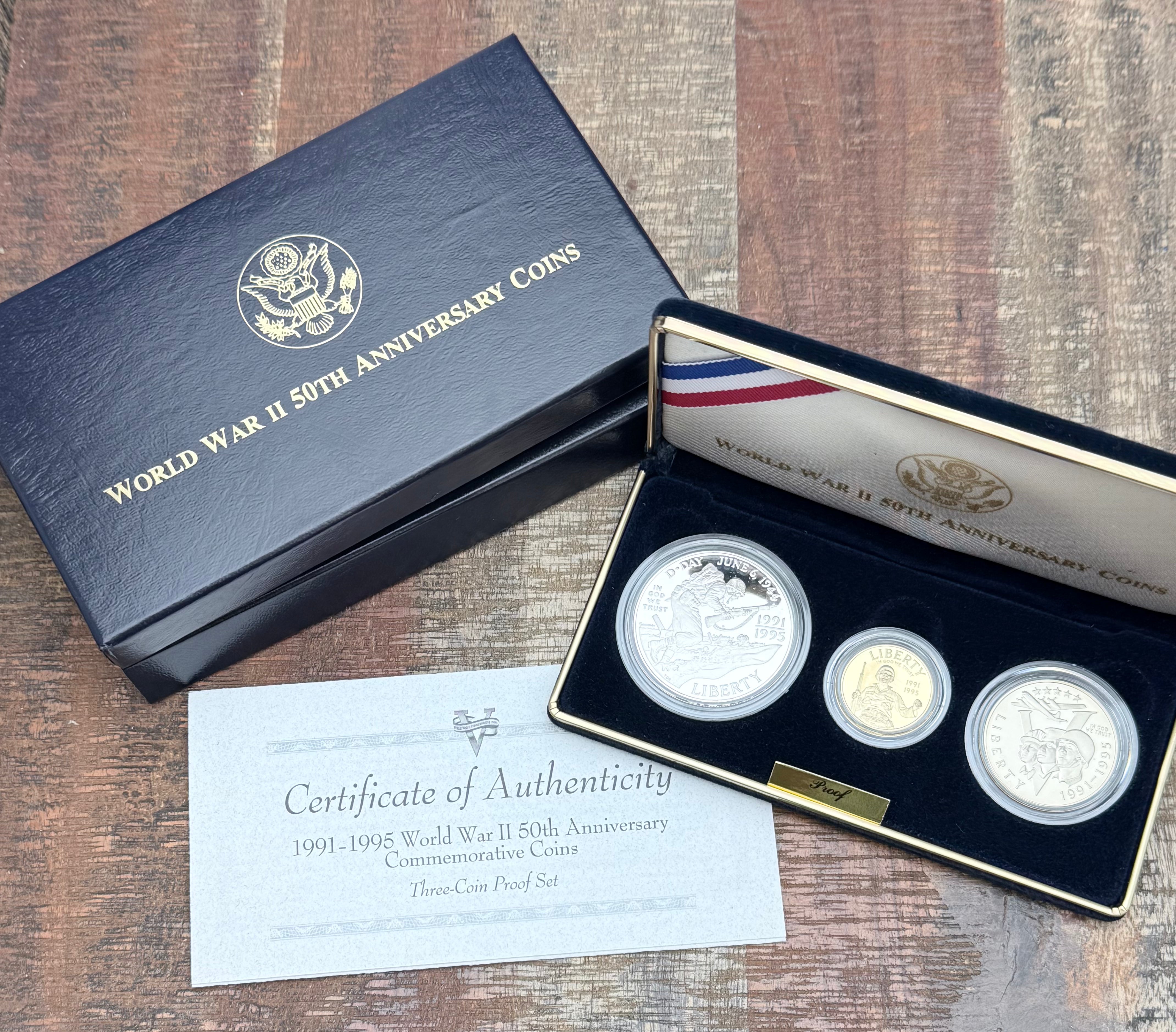1991-1995 World War II Commemorative Coins~3 Coin Proof Set~ Gold $5, Silver Dollar/Clad Half Dollar ~ OGP with COA