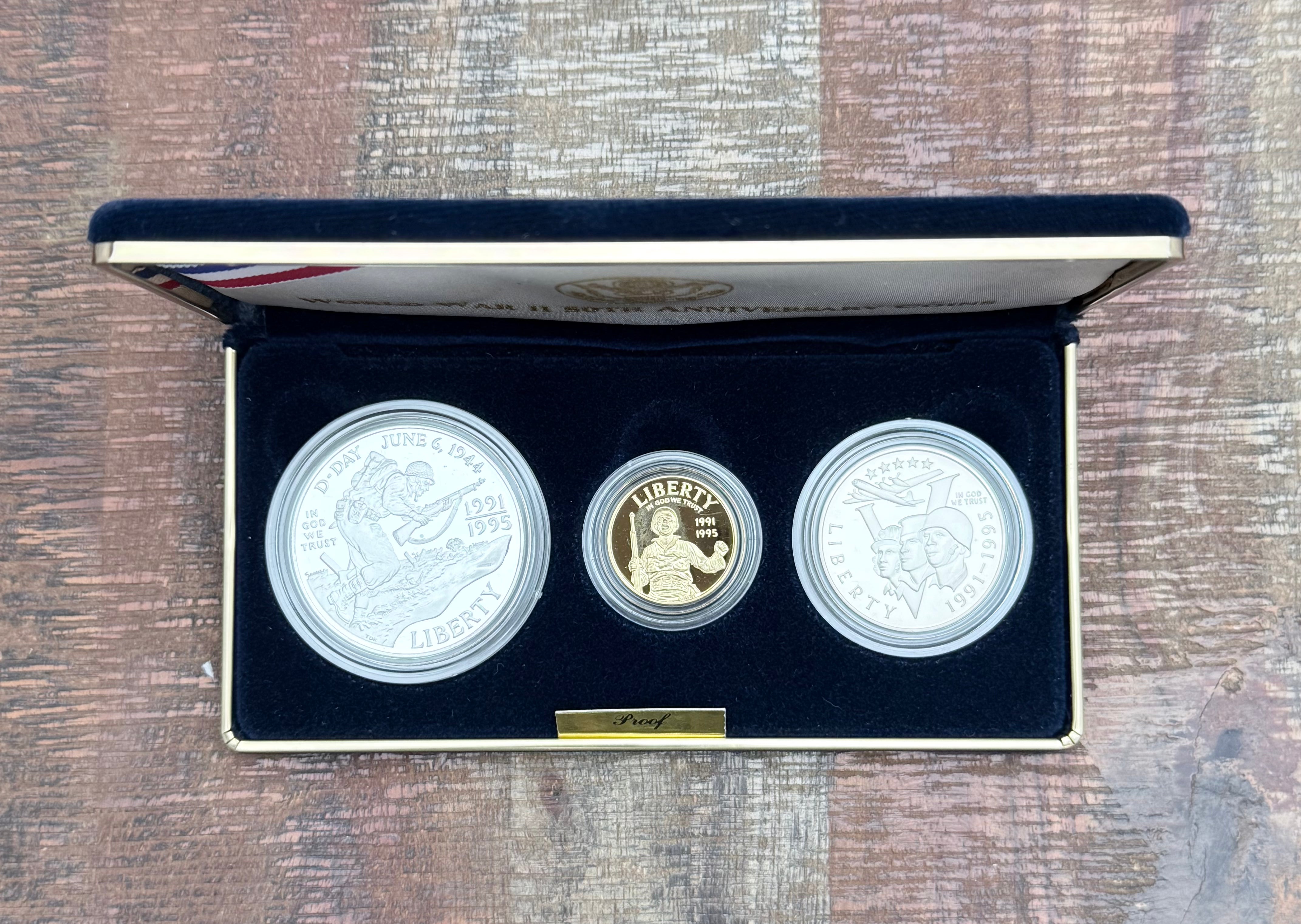 1991-1995 World War II Commemorative Coins~3 Coin Proof Set~ Gold $5, Silver Dollar/Clad Half Dollar ~ OGP with COA