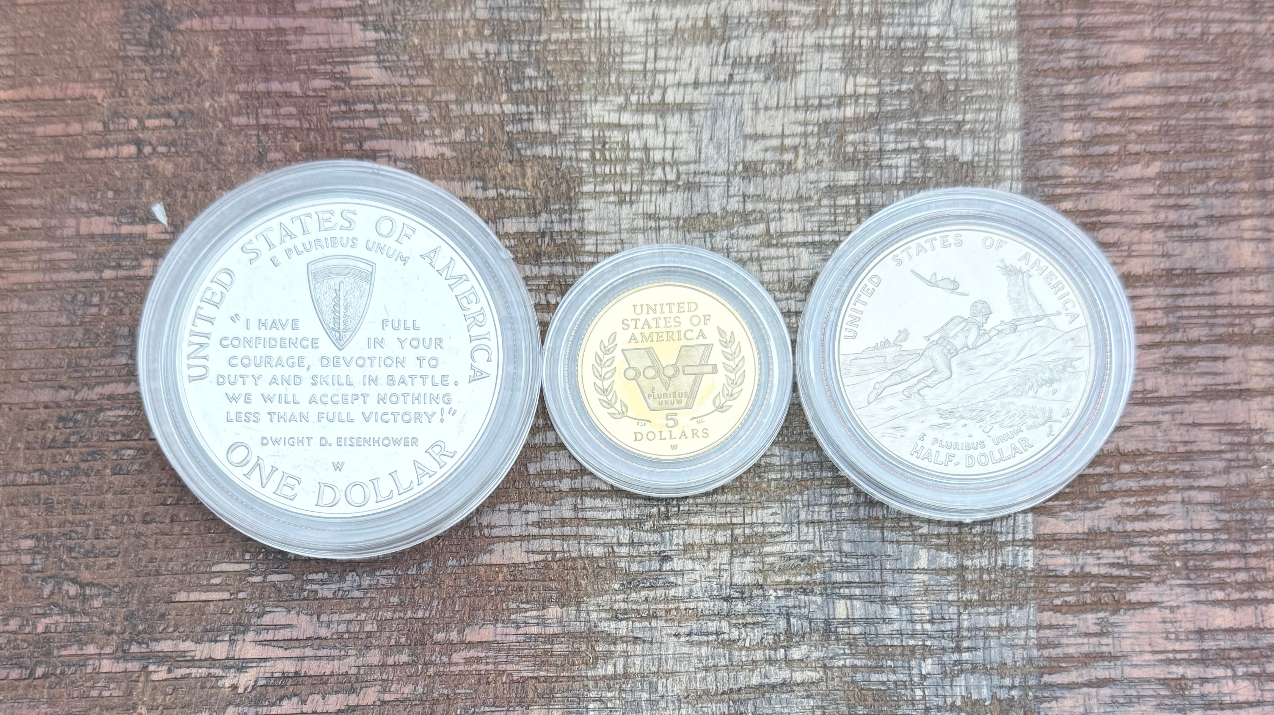 1991-1995 World War II Commemorative Coins~3 Coin Proof Set~ Gold $5, Silver Dollar/Clad Half Dollar ~ OGP with COA