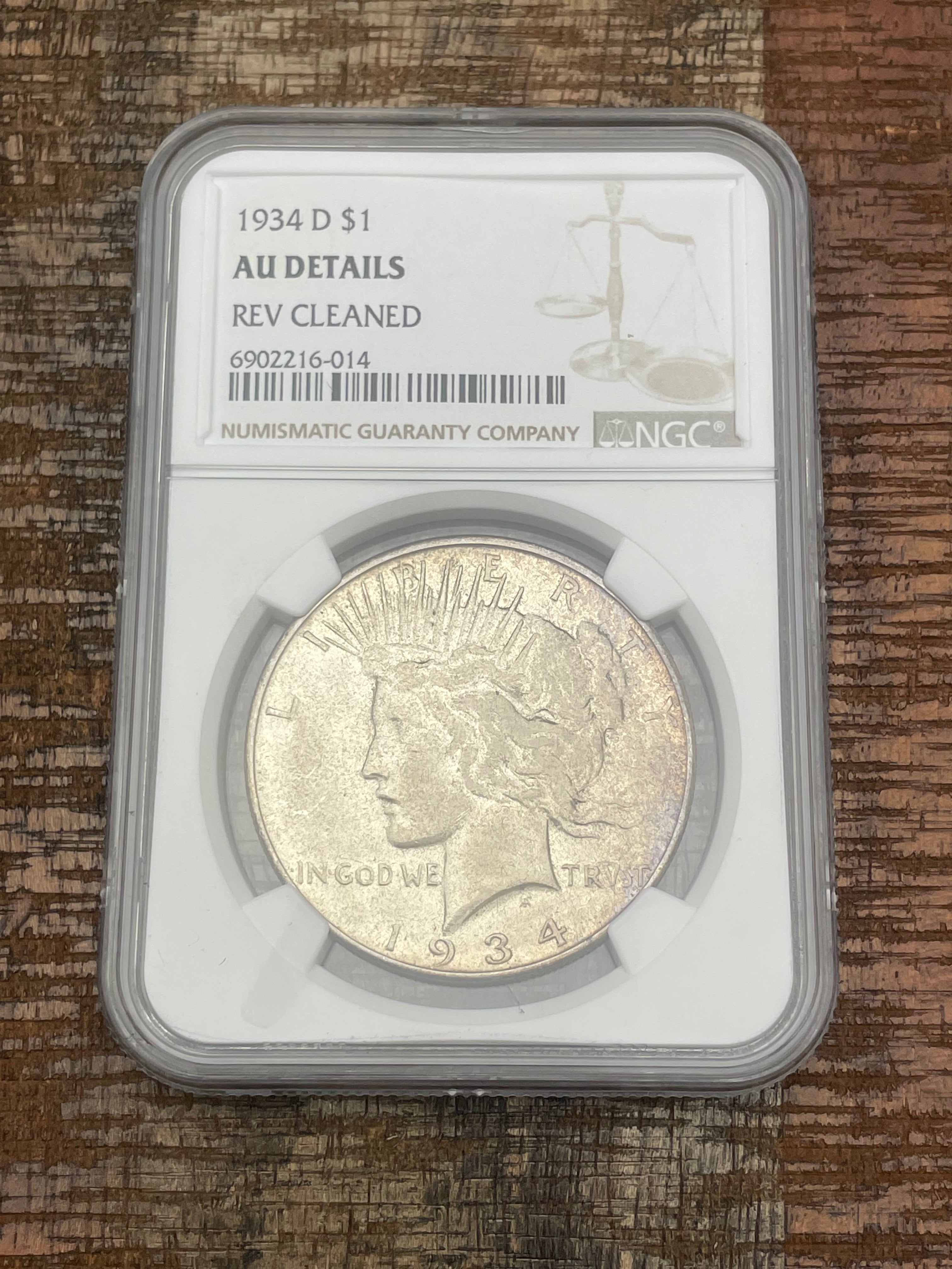 1934 D $1 US Silver Peace Dollar ~ NGC AU Details ~ REV Cleaned
