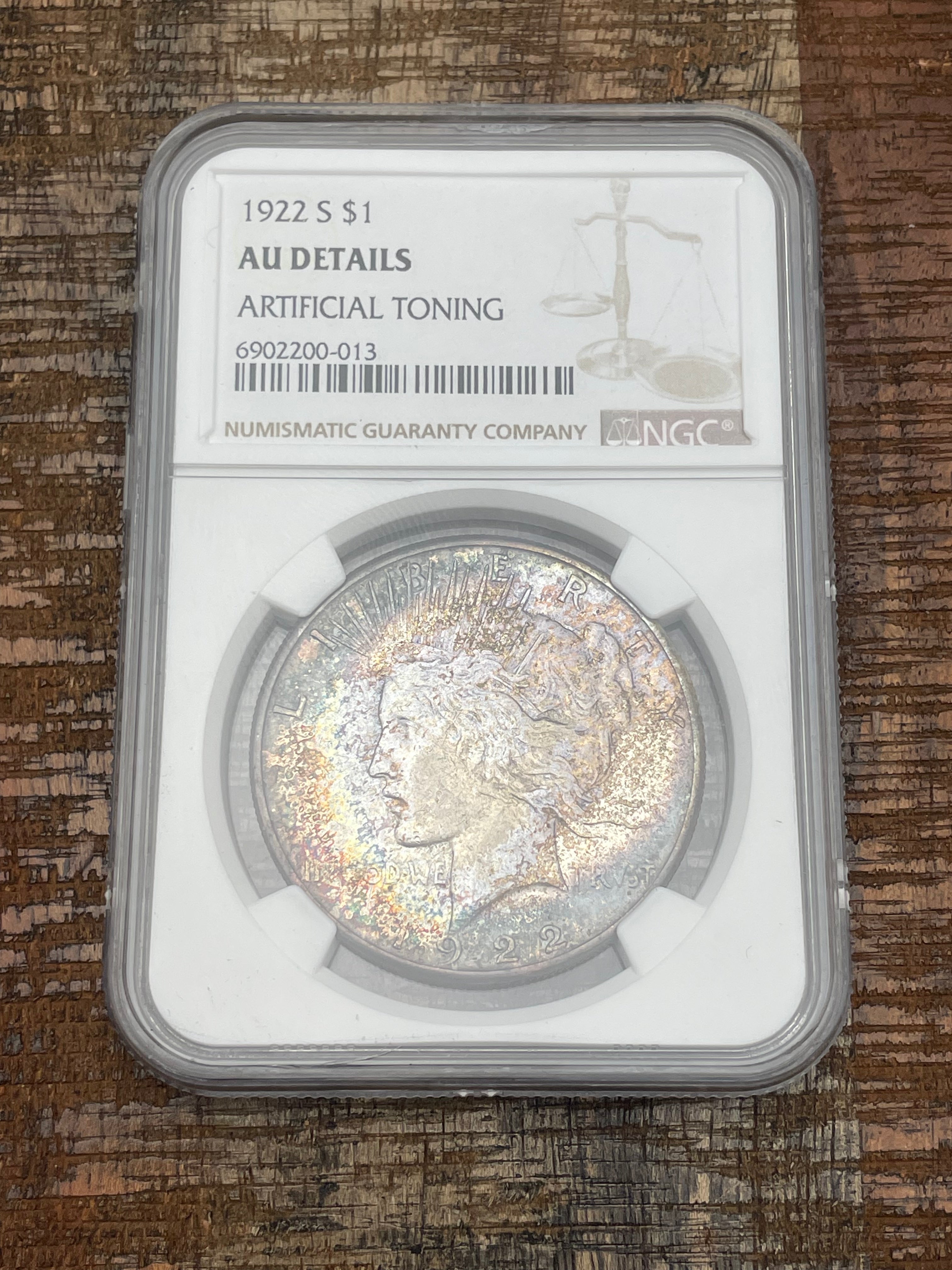 1922-S $1 US Peace Dollar NGC AU Details ~ Artificial Toning ~ Beautiful Toning