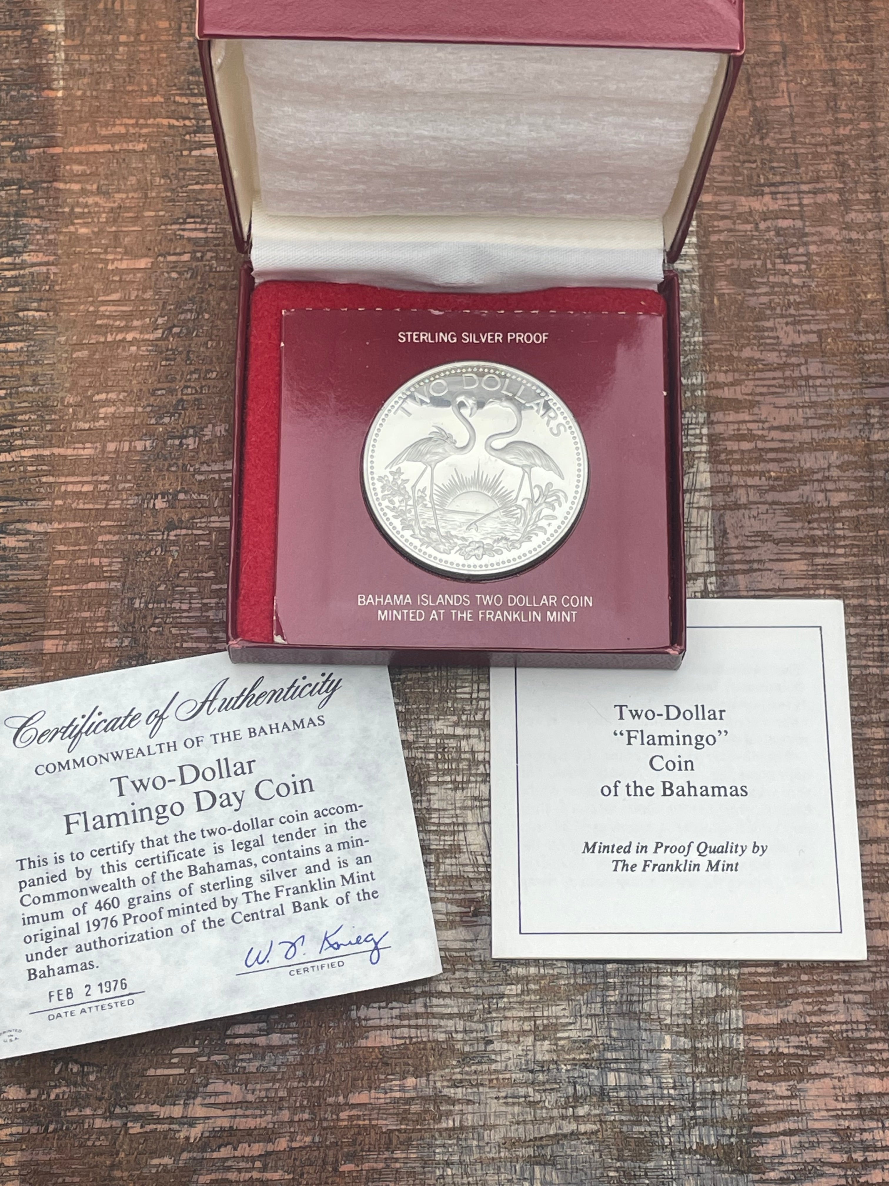 1976 $2 Flamingo Day Coin~ Franklin Mint~ Sterling Silver Proof ~ Bahama Island in OGP with COA