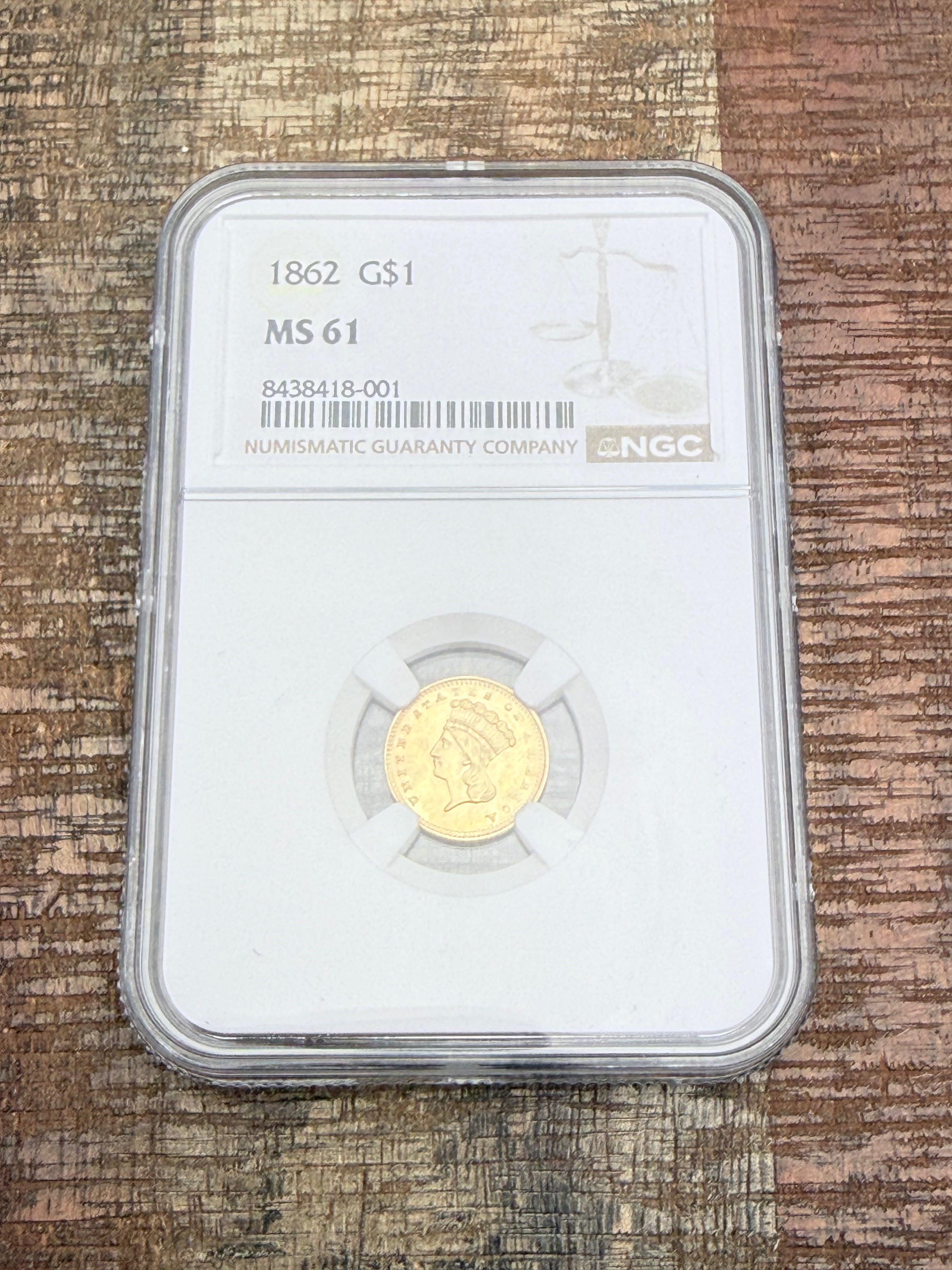 1862 $1 Indian Princess Type 3 Gold Dollar NGC MS61