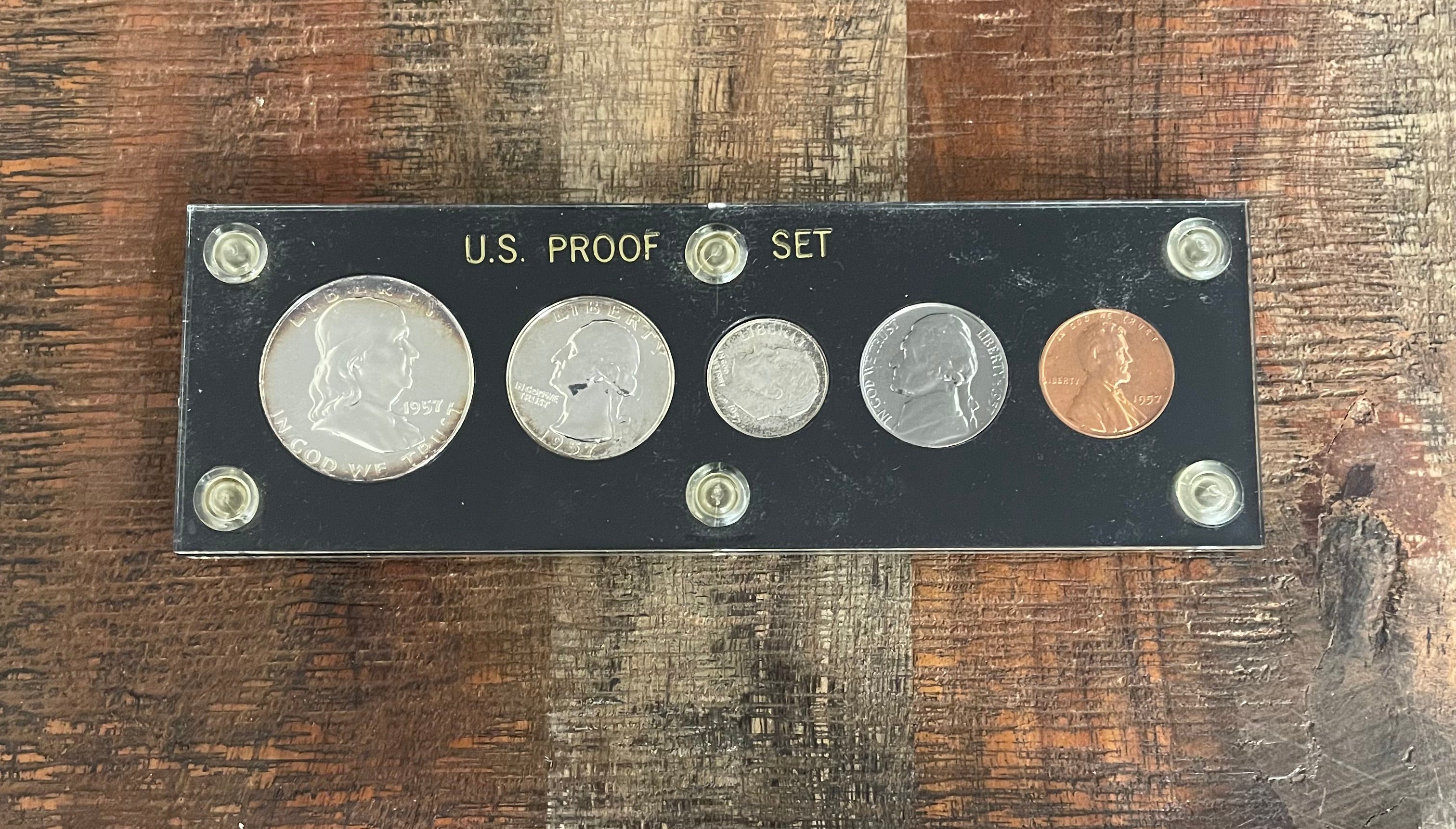 1957 Proof Set in Plastic Capital Holder ~ 90% silver Half Dollar, Quarter, & Dime