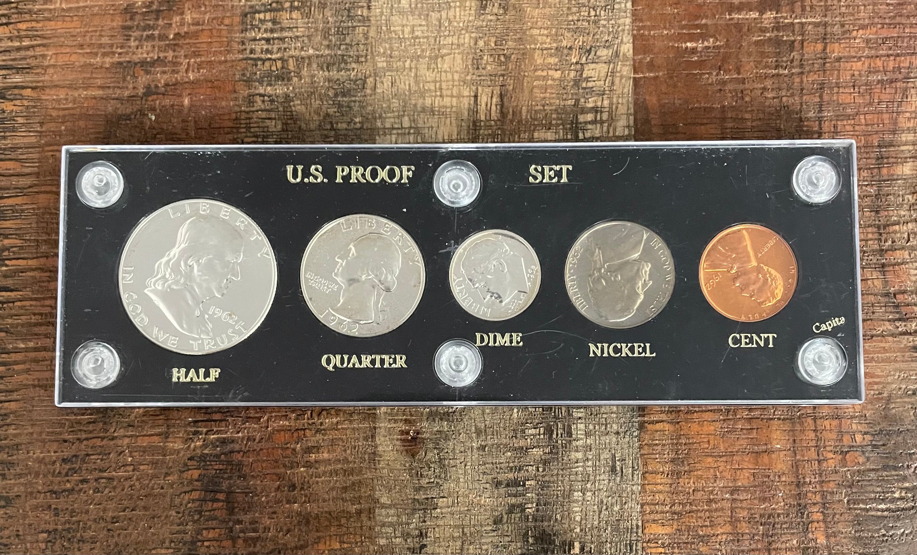 1962 Proof Set in Plastic Capital Holder ~ 90% silver Half Dollar, Quarter, & Dime