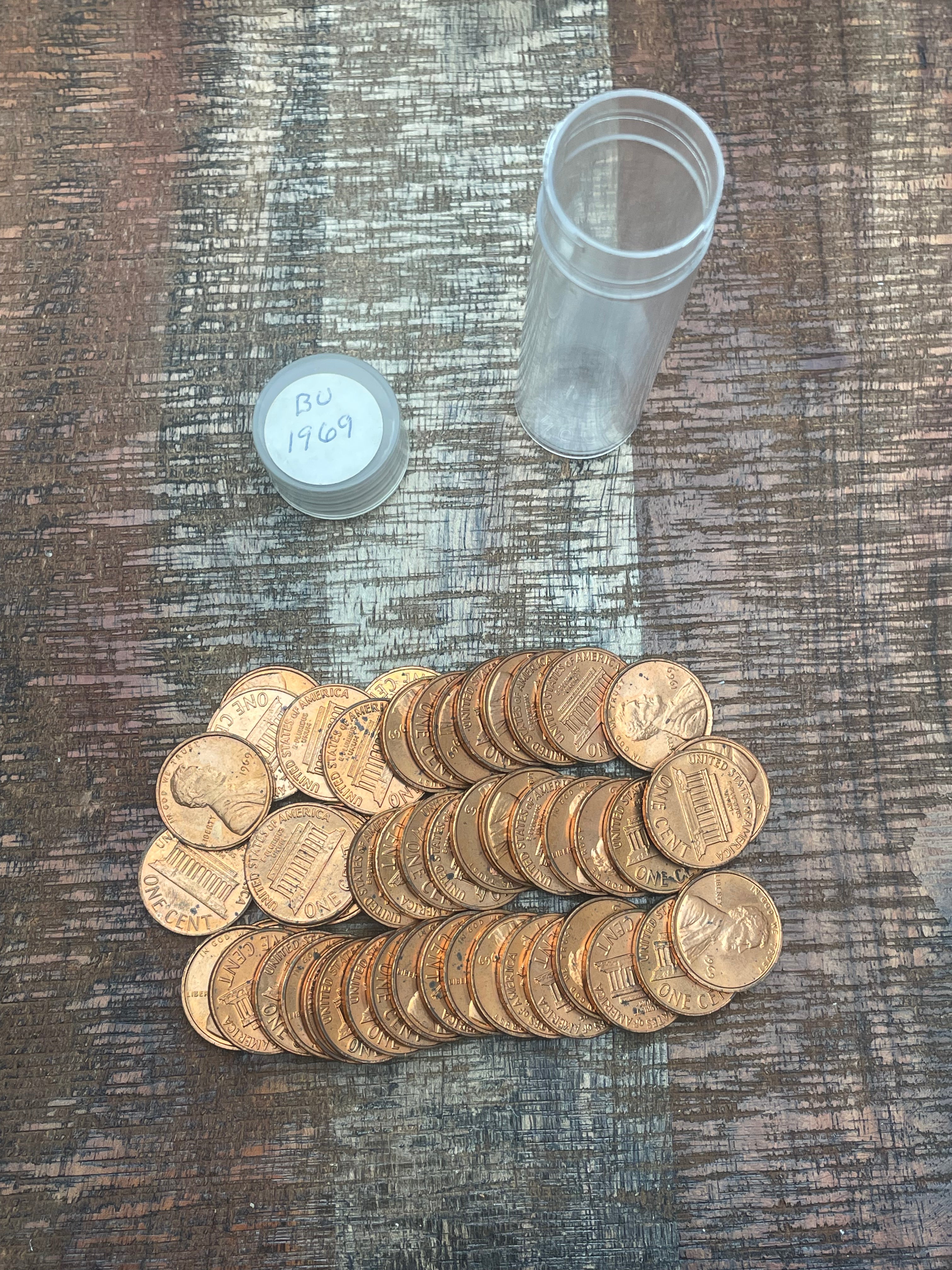 1969 1C Uncirculated Lincoln Memorial Cent ~ 1 Roll ~ 50 Coins ~ In Plastic Tube ~ BU