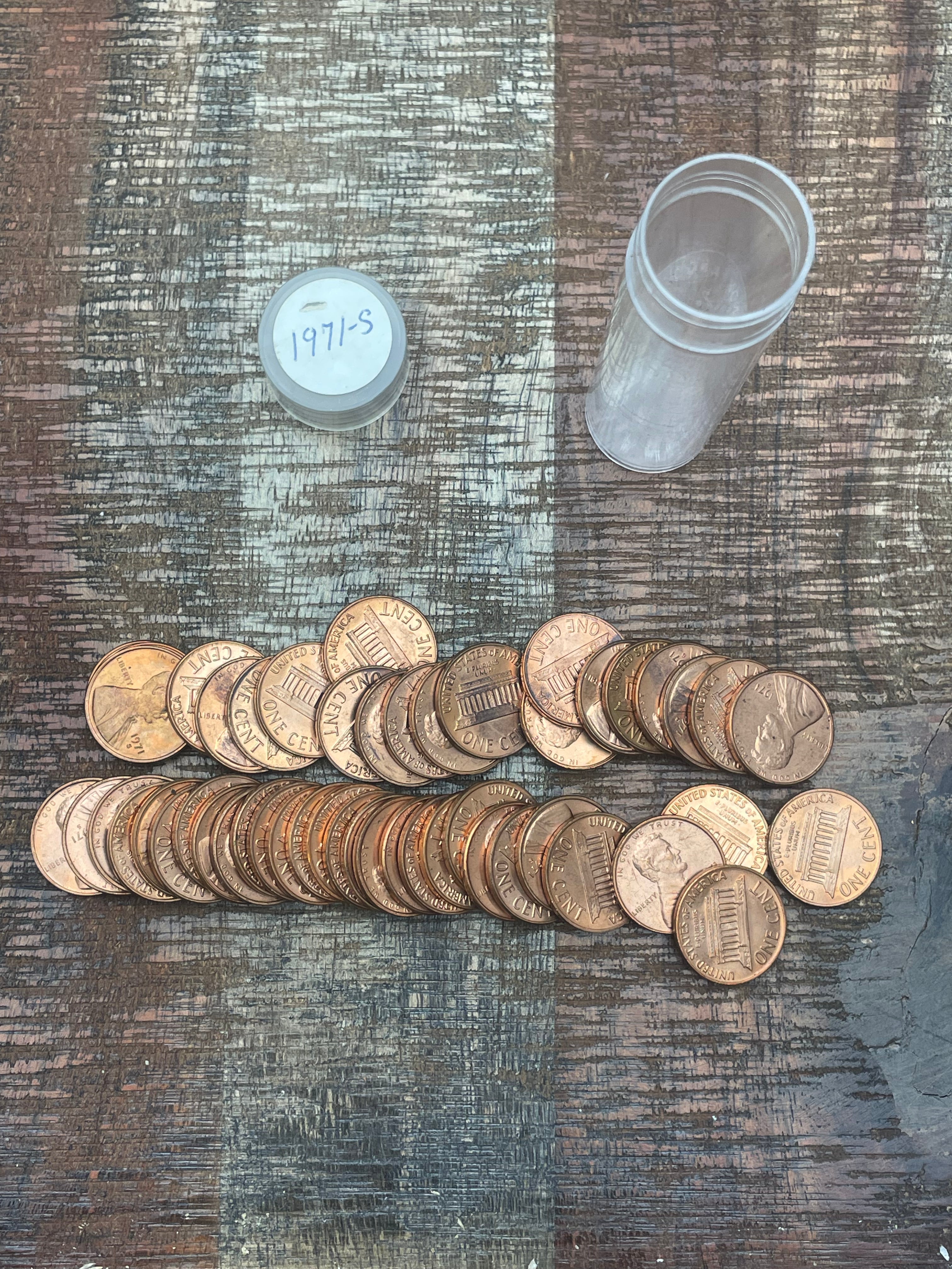 1971-S 1C Uncirculated Lincoln Memorial Cent ~ 1 Roll ~ 50 Coins ~ In Plastic Tube ~ BU