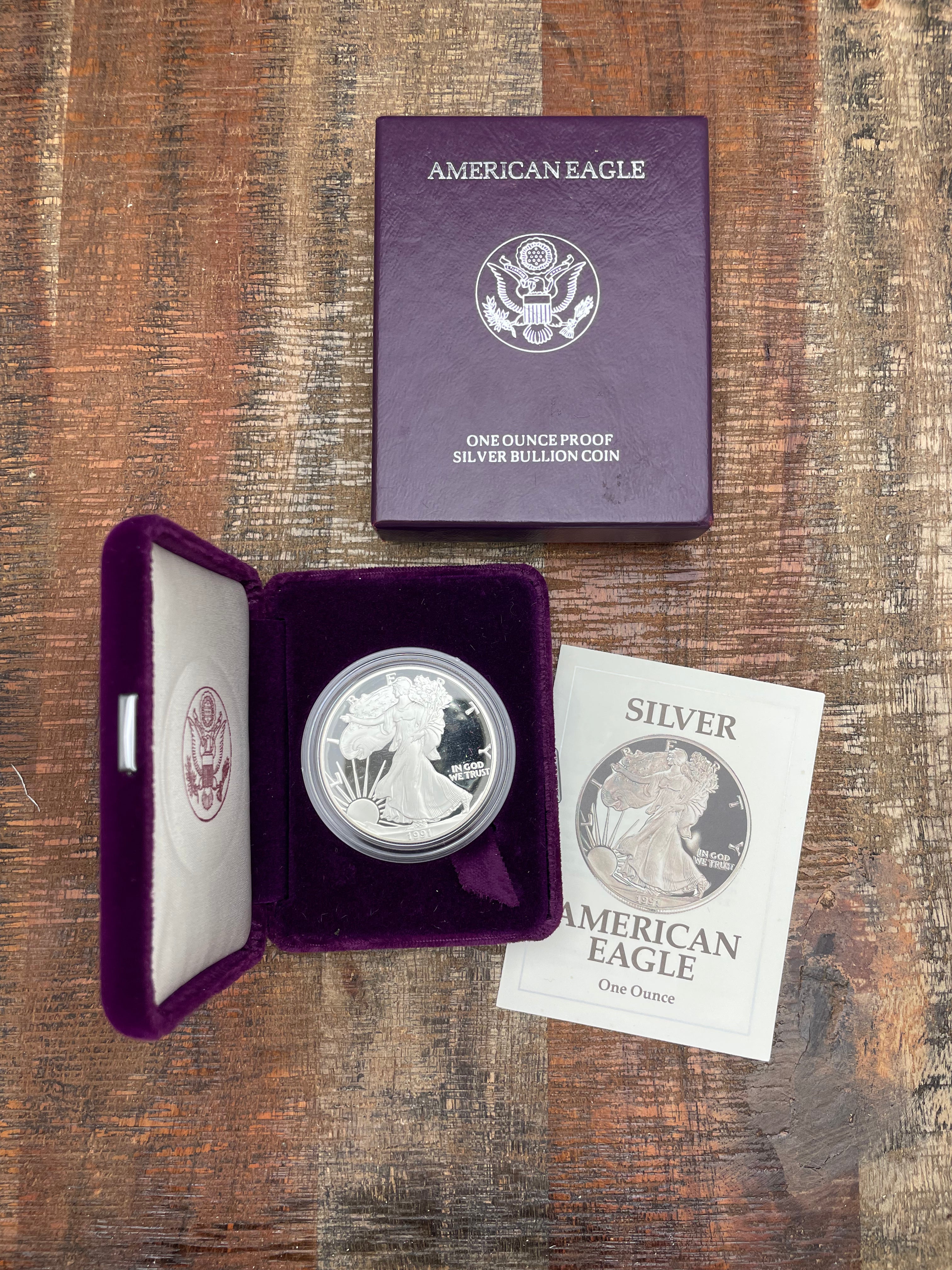 1991-S $1 US American Proof Silver Eagle Coin~Capsule, Presentation Case, COA, and Box