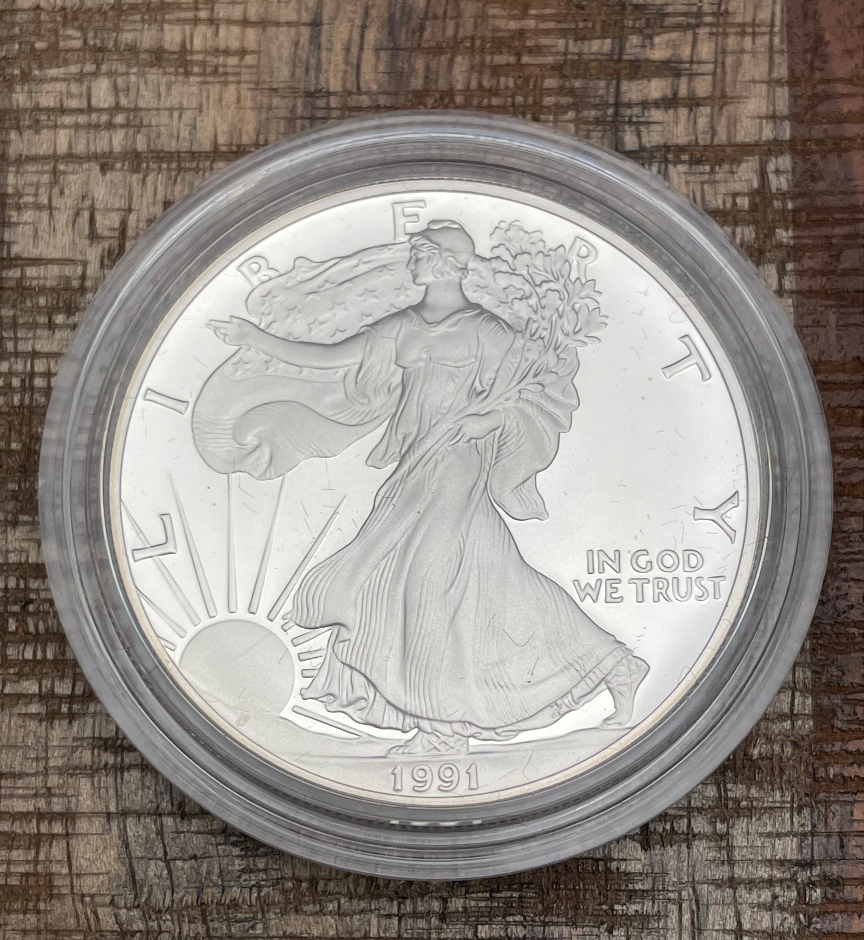 1991-S $1 US American Proof Silver Eagle Coin~Capsule, Presentation Case, COA, and Box