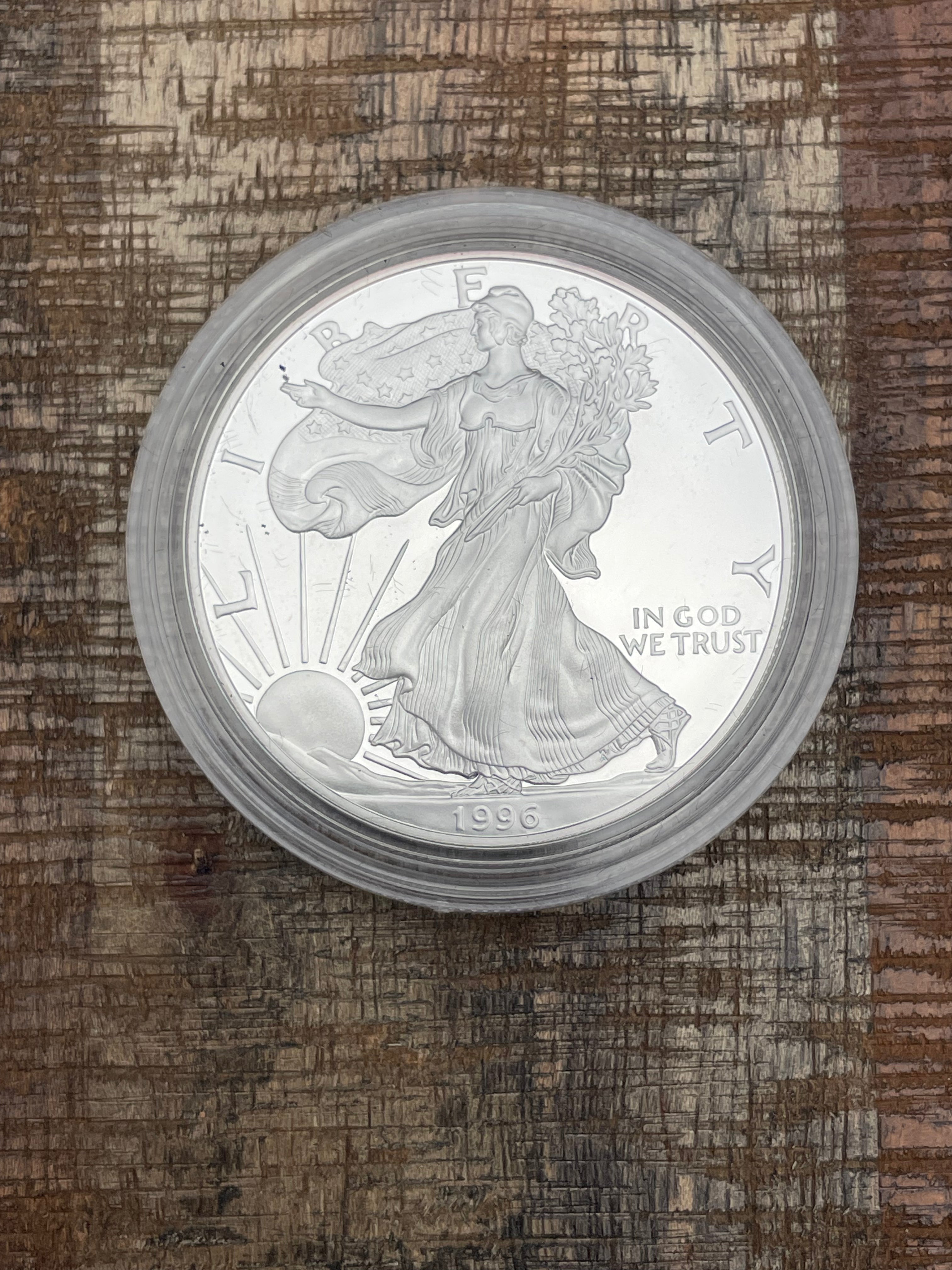 1996-P $1 US American Proof Silver Eagle Coin~Capsule, Presentation Case, COA, and Box