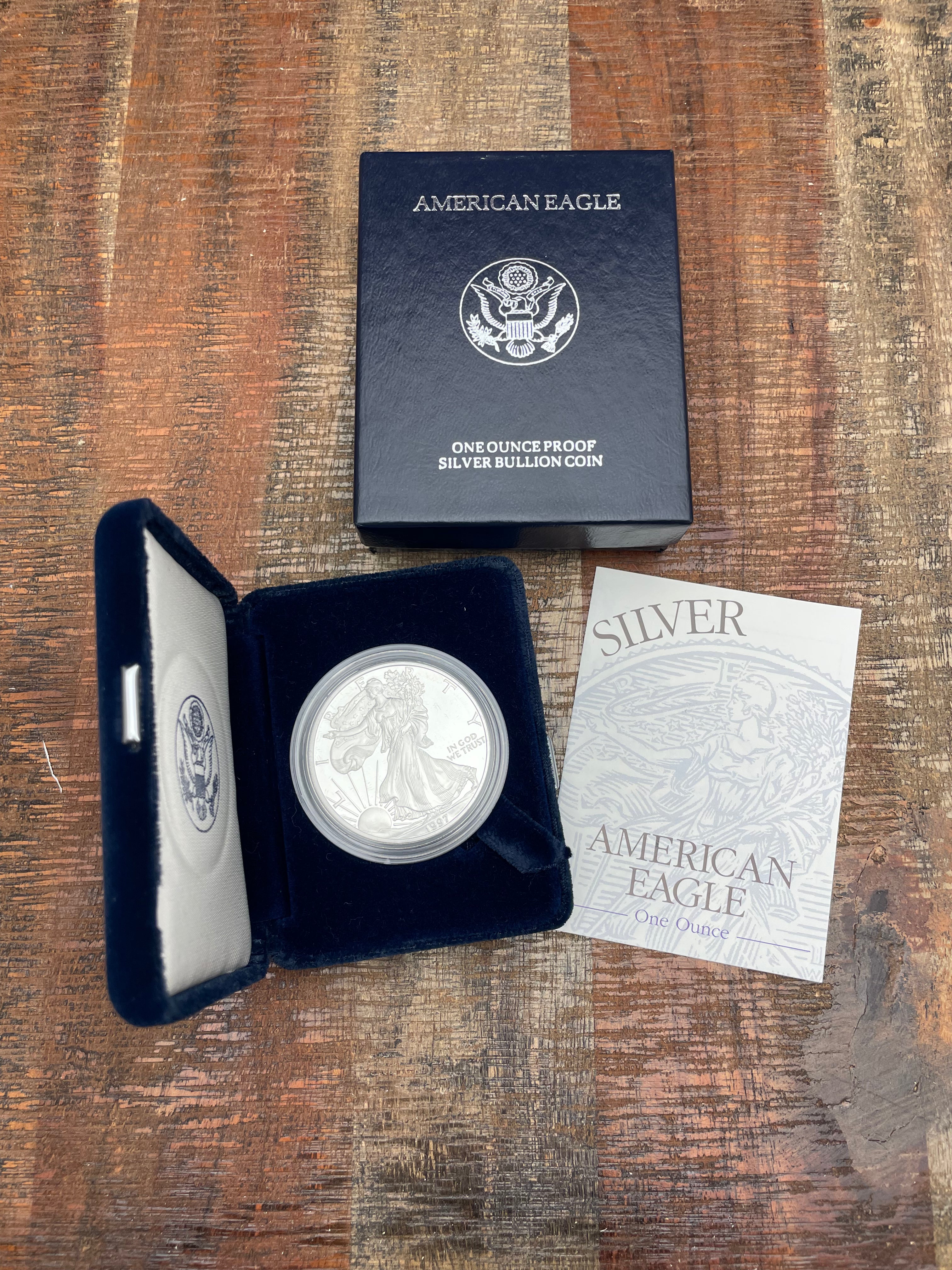 1997-P $1 US American Proof Silver Eagle Coin~Capsule, Presentation Case, COA, and Box