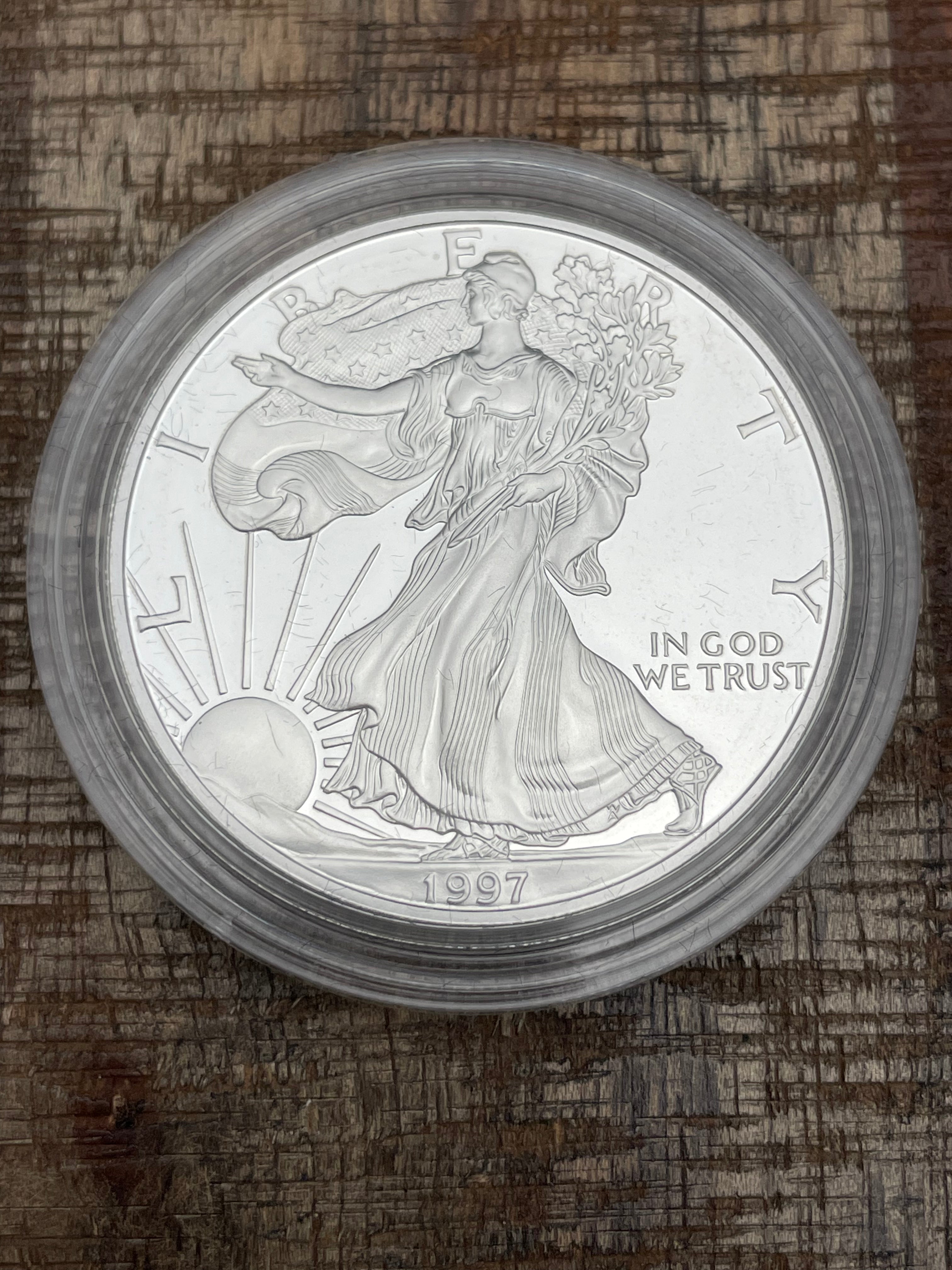 1997-P $1 US American Proof Silver Eagle Coin~Capsule, Presentation Case, COA, and Box