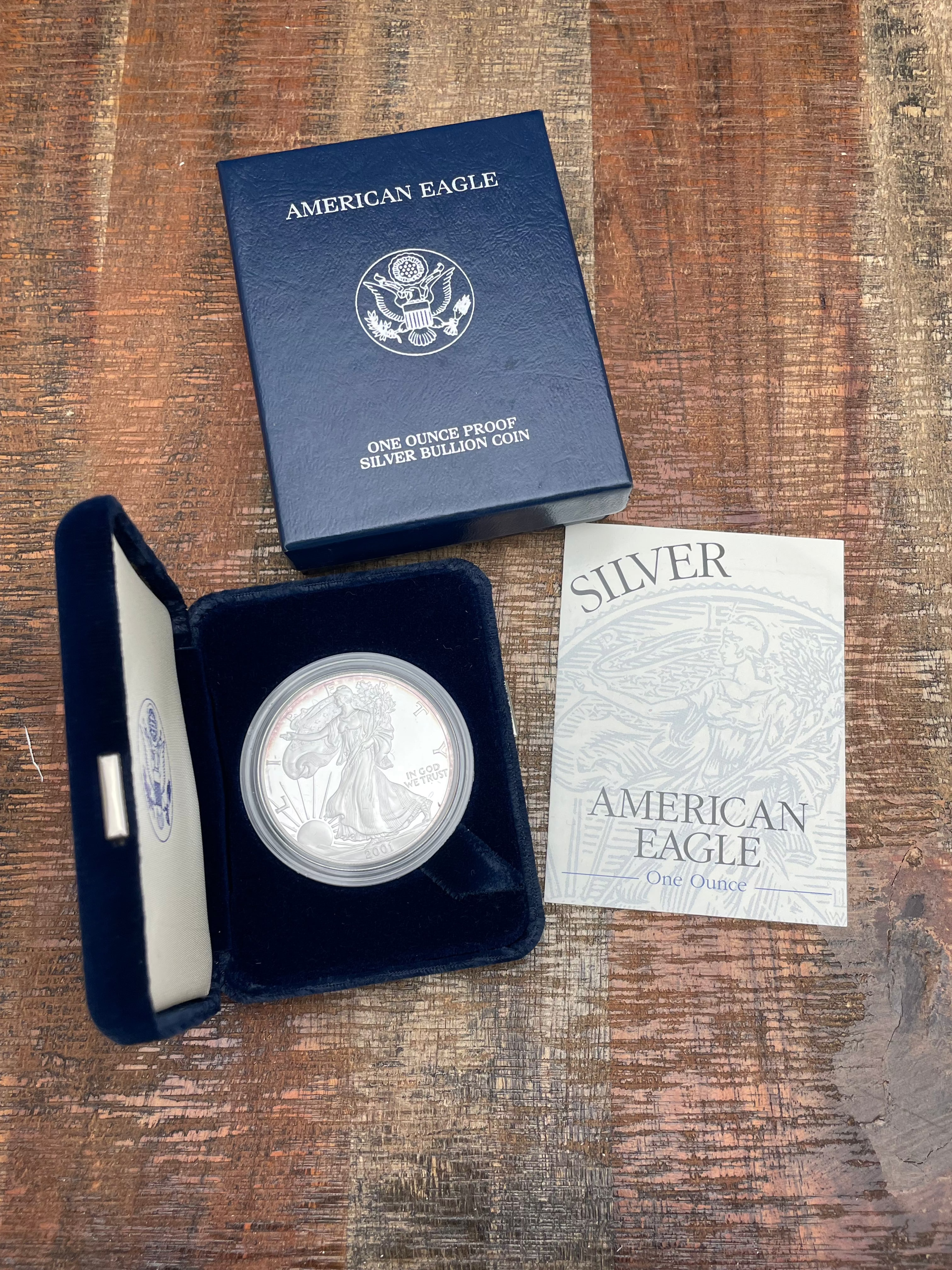 2001-W $1 US American Proof Silver Eagle Coin~Capsule, Presentation Case and Box included no COA