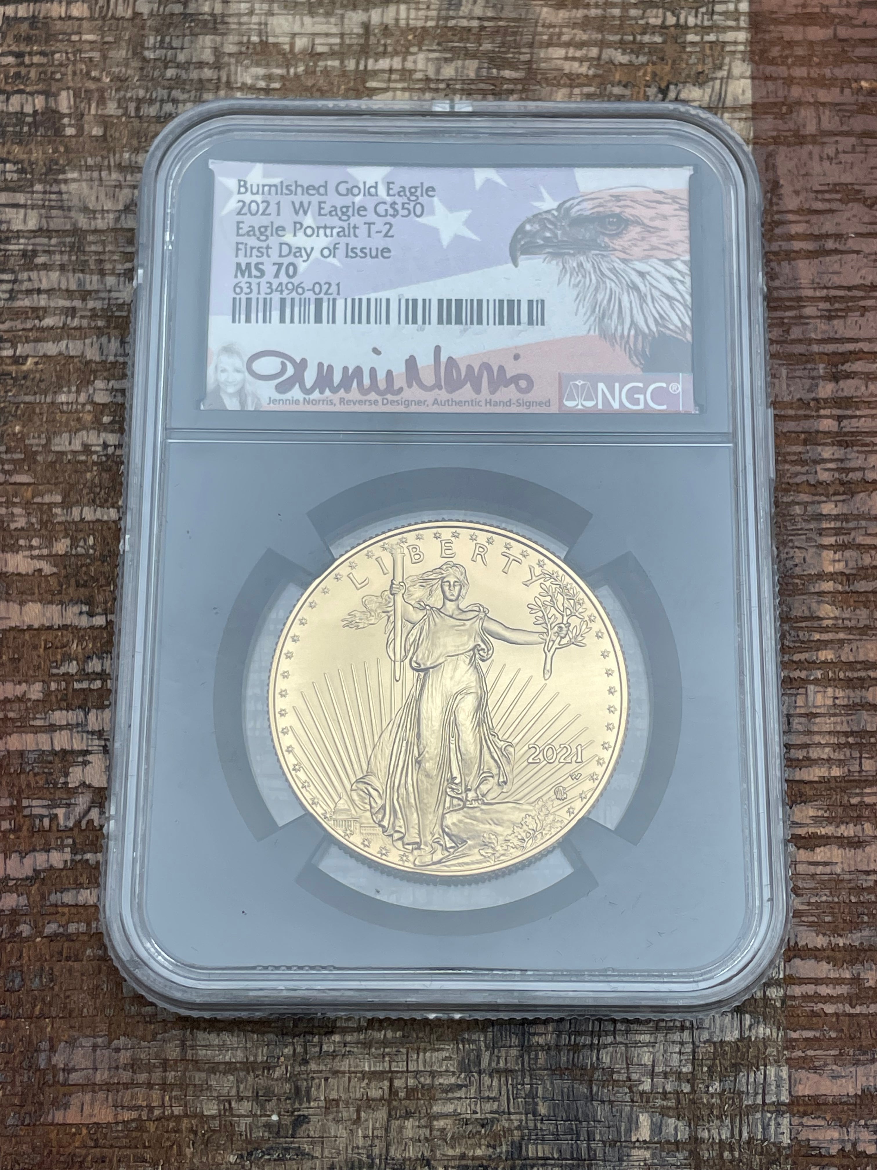 2021 W Burnished Gold Eagle $50 T-2 FDI NGC MS70 Signed Norris