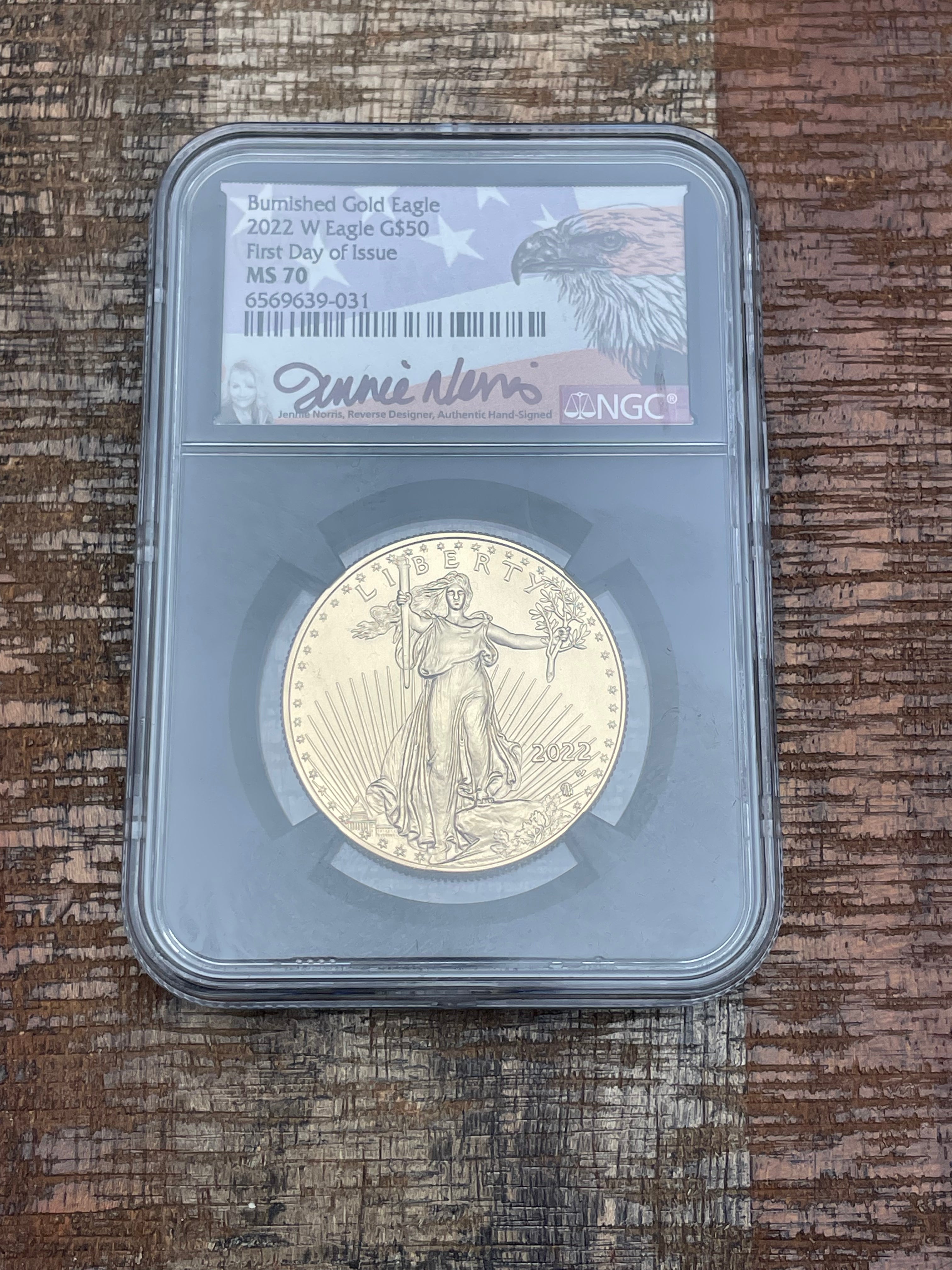 2022 W Burnished Gold Eagle $50 FDI NGC MS70 Signed Norris