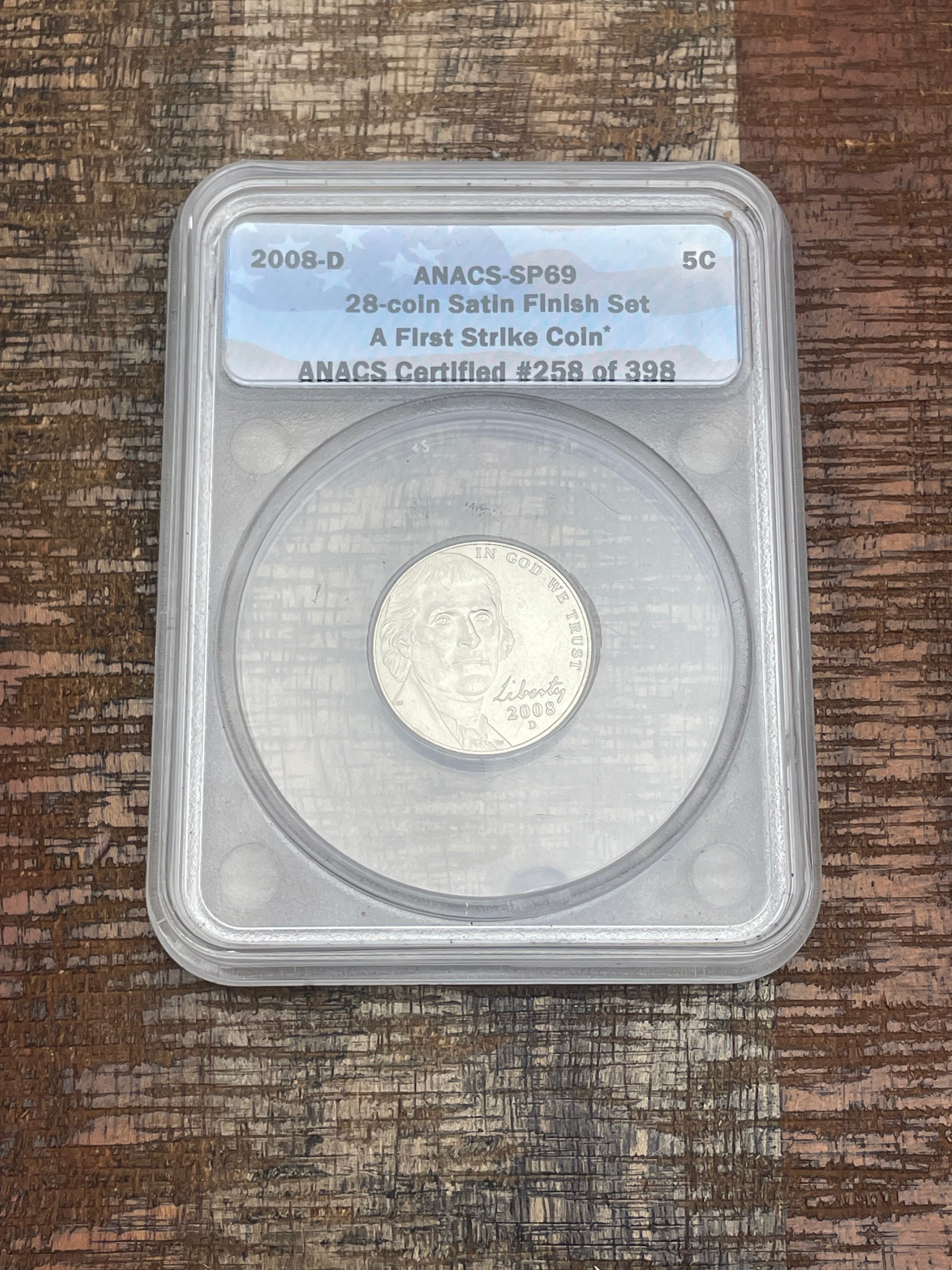 2008-D 5C US Jefferson Nickel ~ ANACS-SP69~ 28 coin Satin Finish Set~ A First Strike Coin