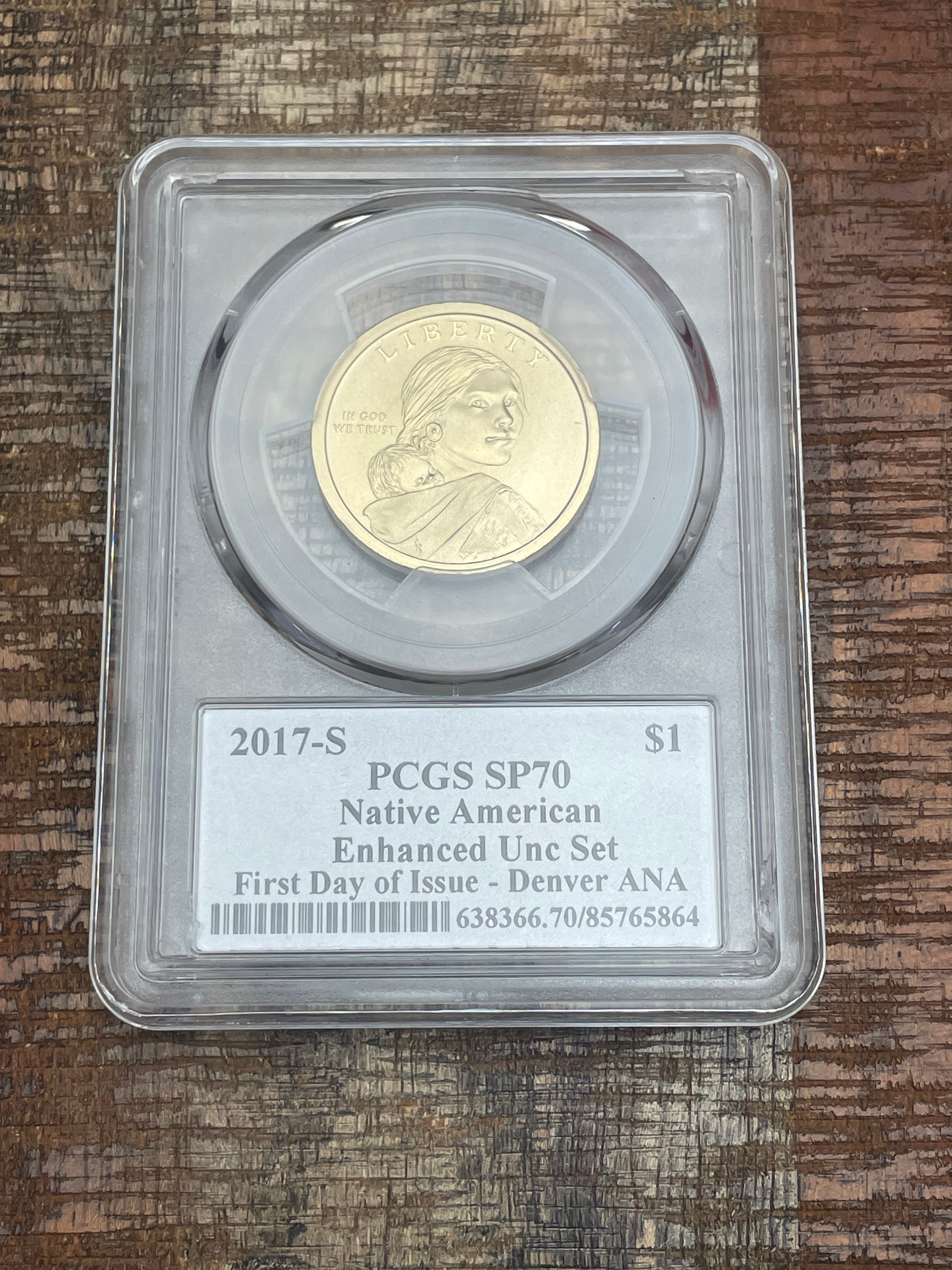 2017-S $1 US Sacagawea Dollar~Native American Enhanced Unc Set~ First Day of Issue-Denver ANA ~ PCGS SP70