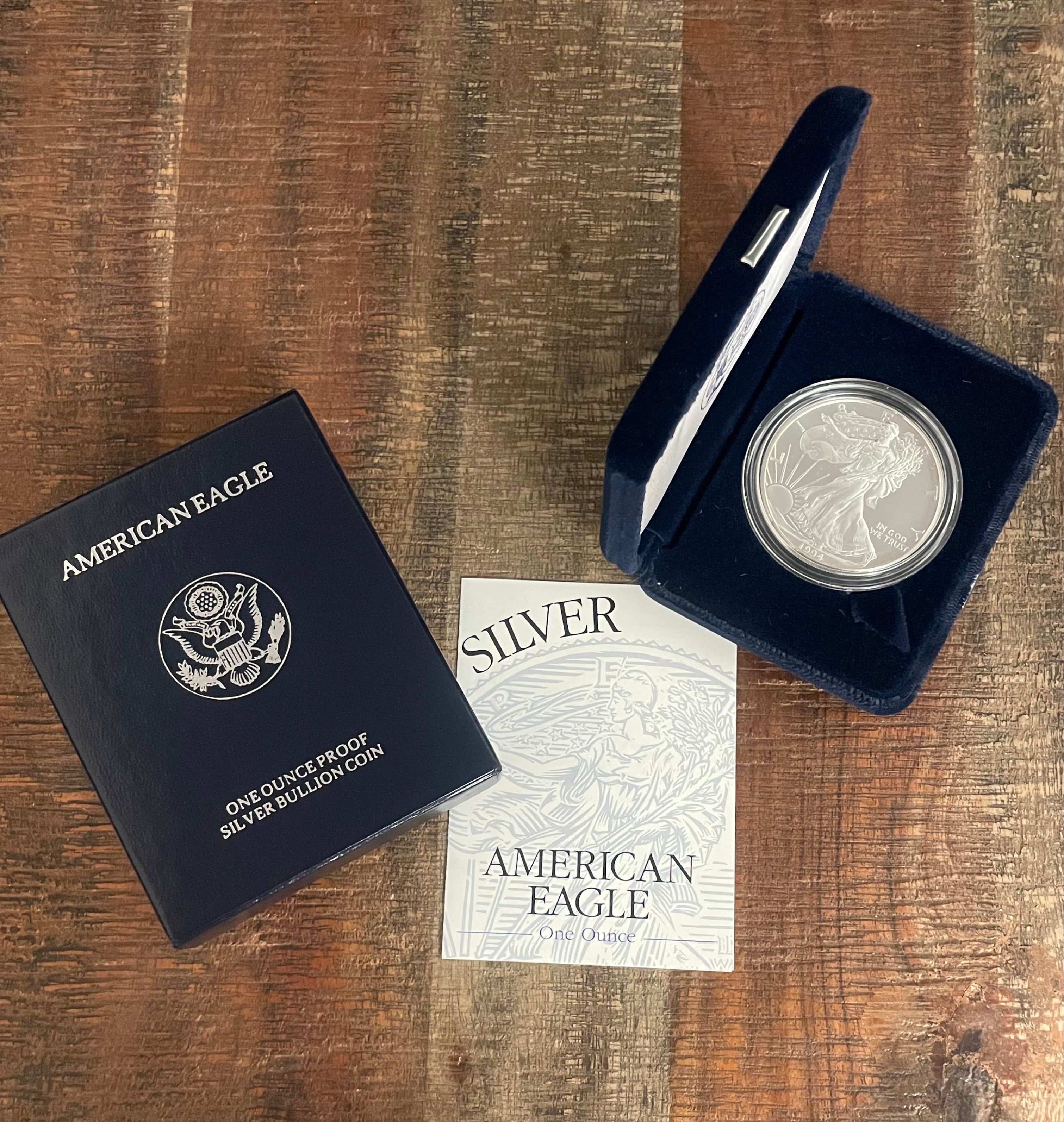 1994-P $1 US American Proof Silver Eagle Coin~Capsule, Presentation Case, COA, and Box