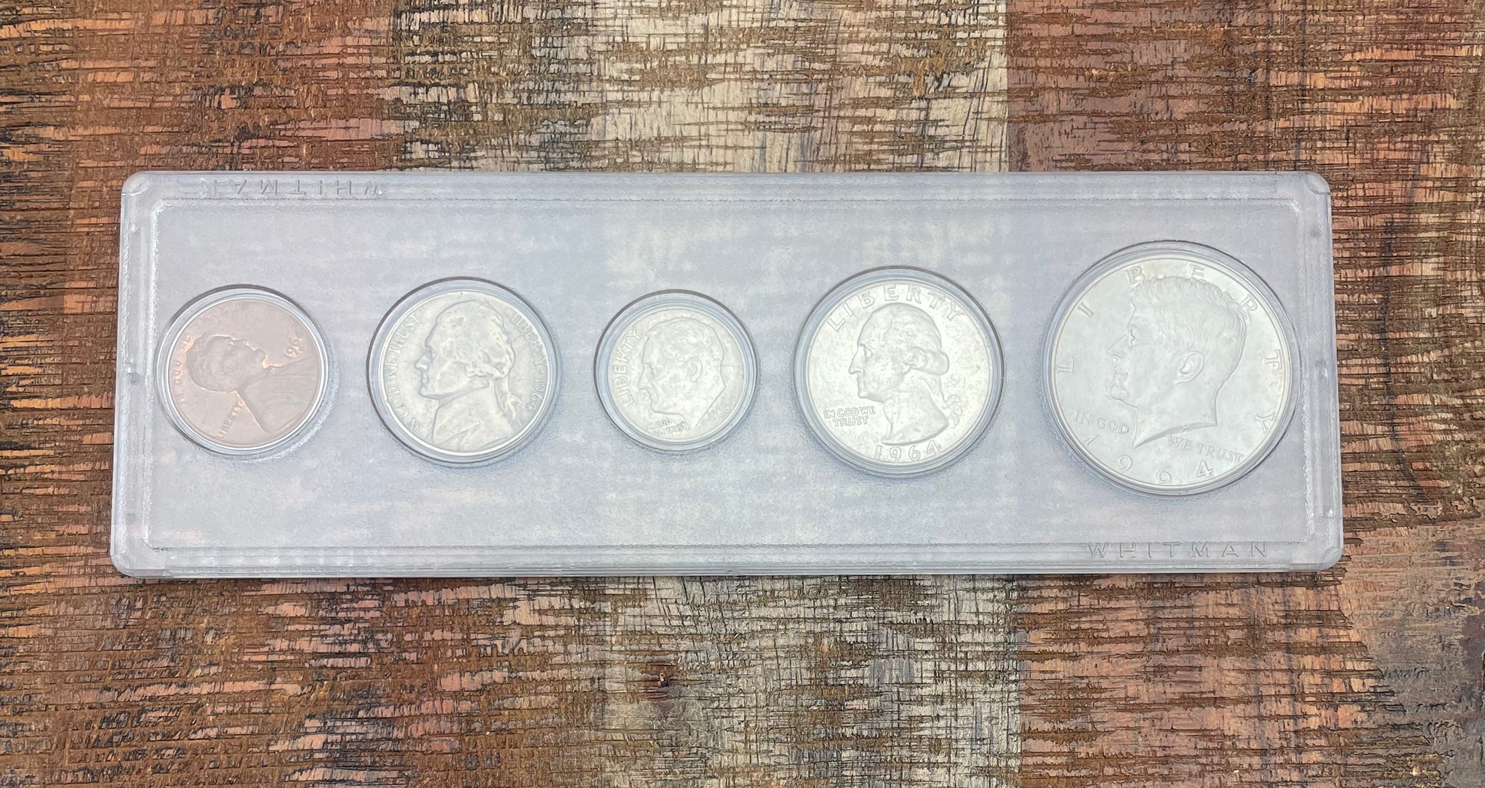 1964 Birth Year Set, 5 coin set with 90% Silver Half Dollar, Quarter, & Dime.