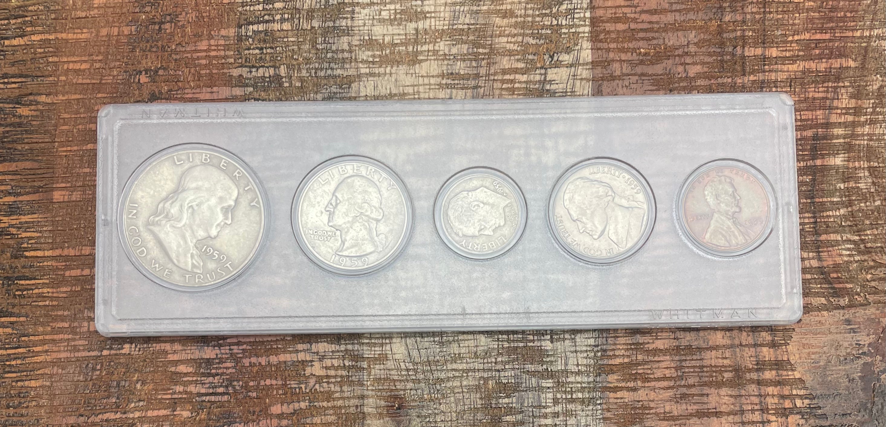 1959 Birth Year Set, 5 coin set with 90% Silver Half Dollar, Quarter, & Dime.