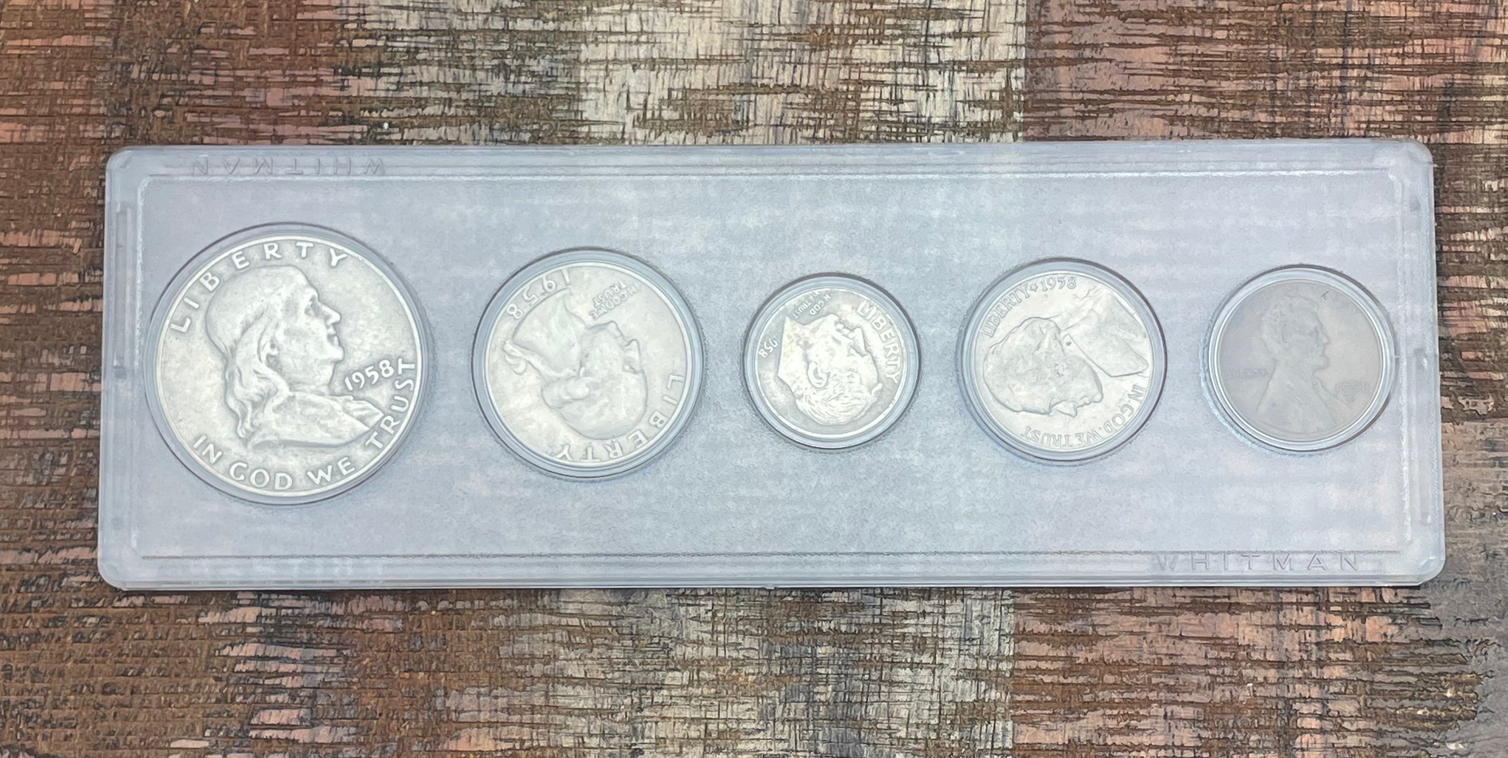 1958-D Birth Year Set, 5 coin set with 90% Silver Half Dollar, Quarter, & Dime.