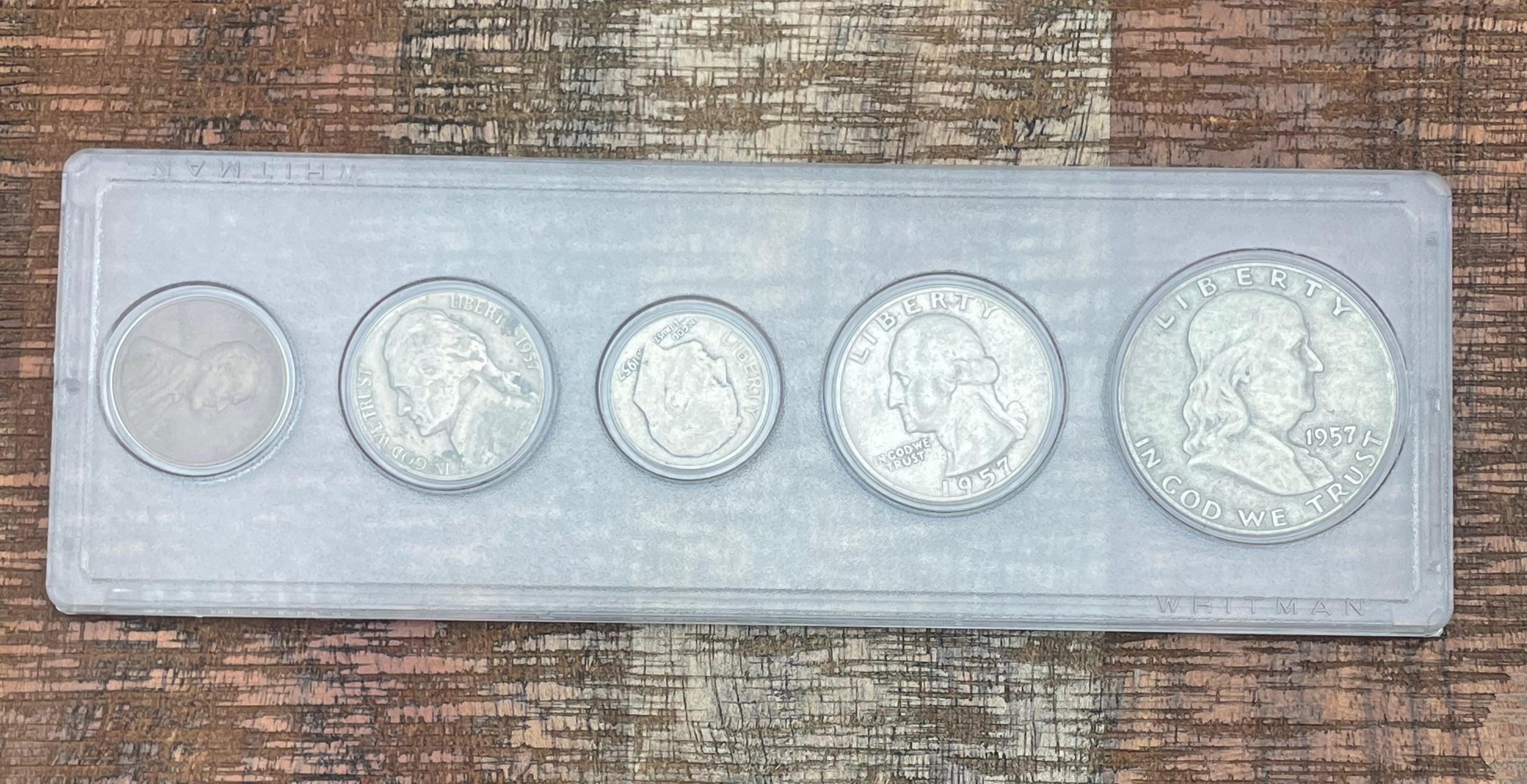 1957 Birth Year Set, 5 coin set with 90% Silver Half Dollar, Quarter, & Dime.