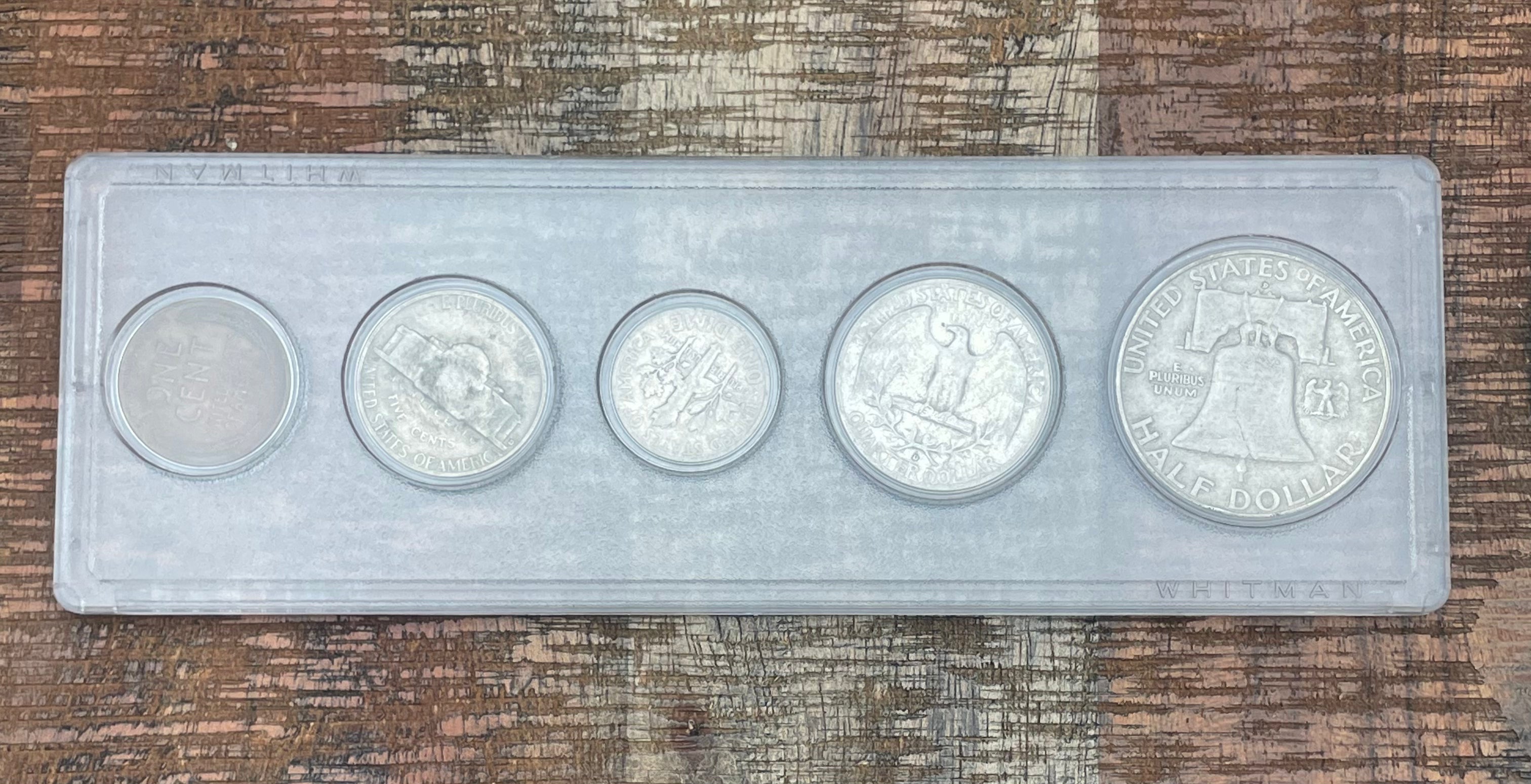 1957 Birth Year Set, 5 coin set with 90% Silver Half Dollar, Quarter, & Dime.