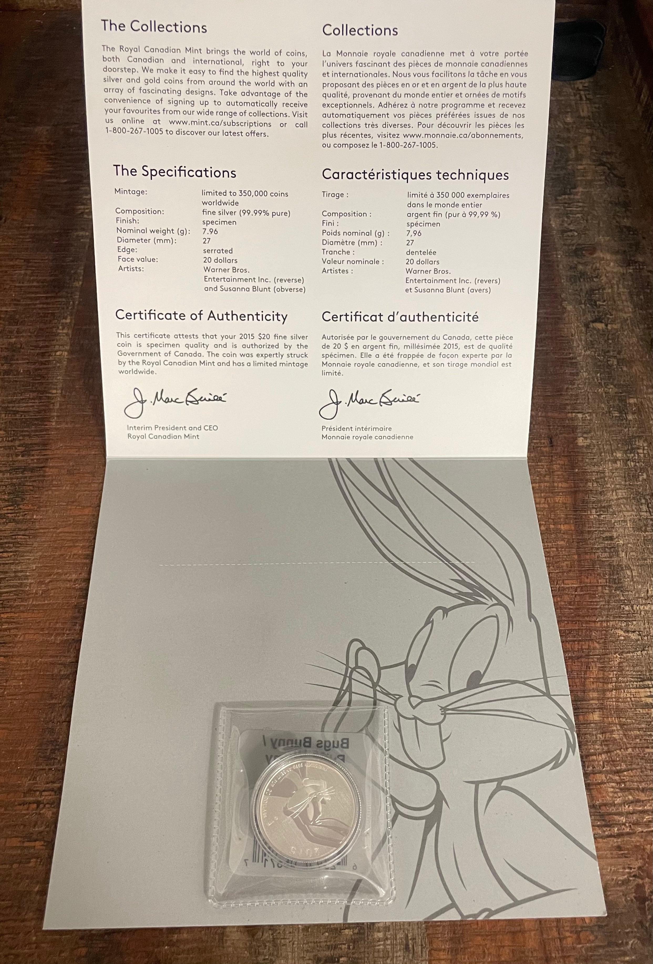 2015 $20 Canada Bugs Bunny Silver Coin ~ .9999 Fine Silver ~ In OGP