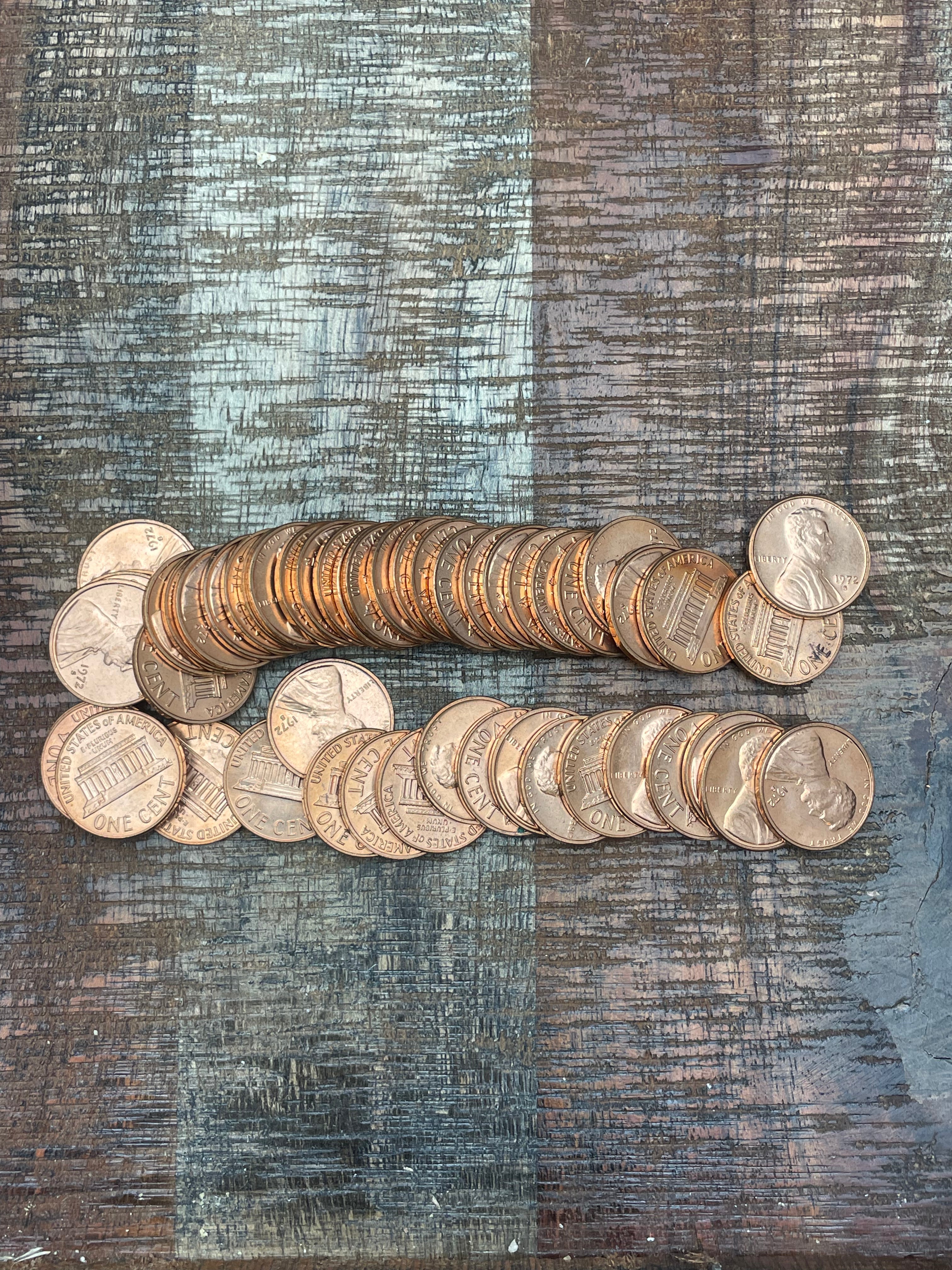 1972-S 1C Uncirculated Lincoln Memorial Cent ~ 1 Roll ~ 50 Coins ~ In Plastic Tube ~ BU