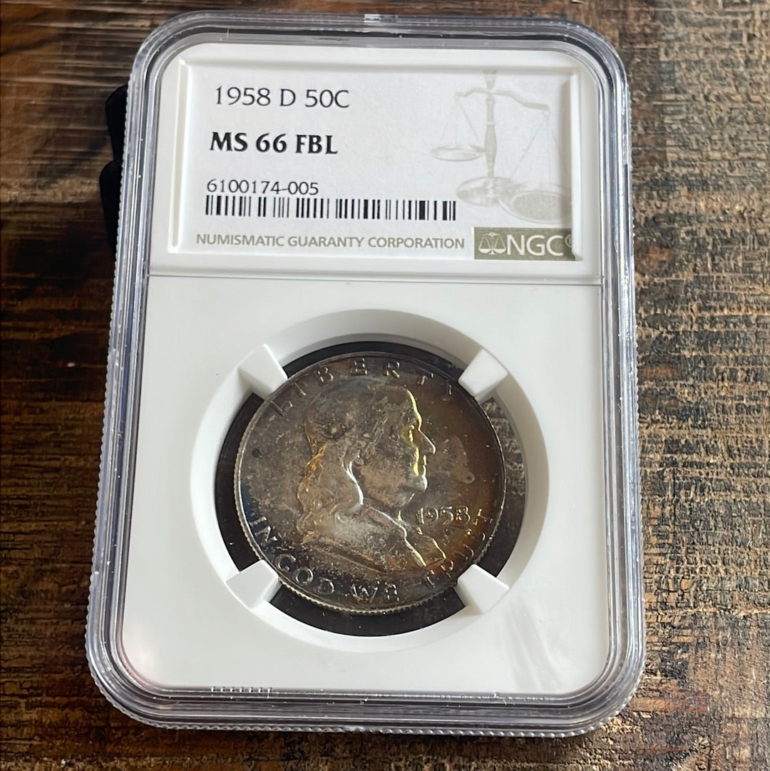 1958 D 50c Franklin Half Dollar NGC MS66 FBL